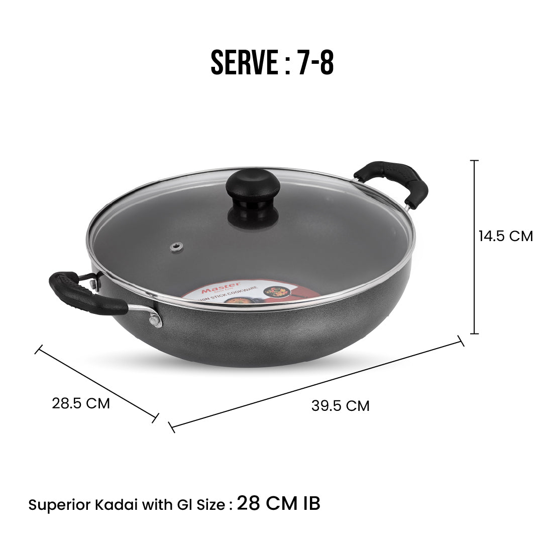 Superior 28cm Kadhai with Glass Lid - Induction Base - Master