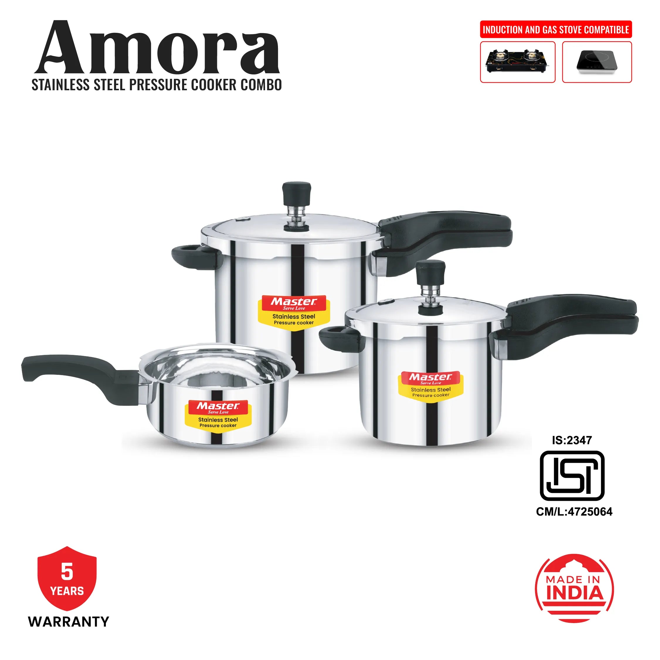 Amora 5L+3L+2L Stainless Steel Flat Outer Lid Pressure Cooker Combo - Induction Base - Master