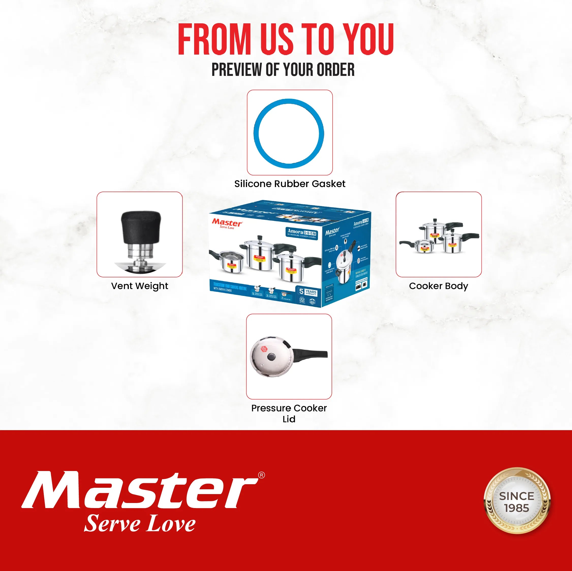 Amora 5L+3L+2L Stainless Steel Flat Outer Lid Pressure Cooker Combo - Induction Base - Master
