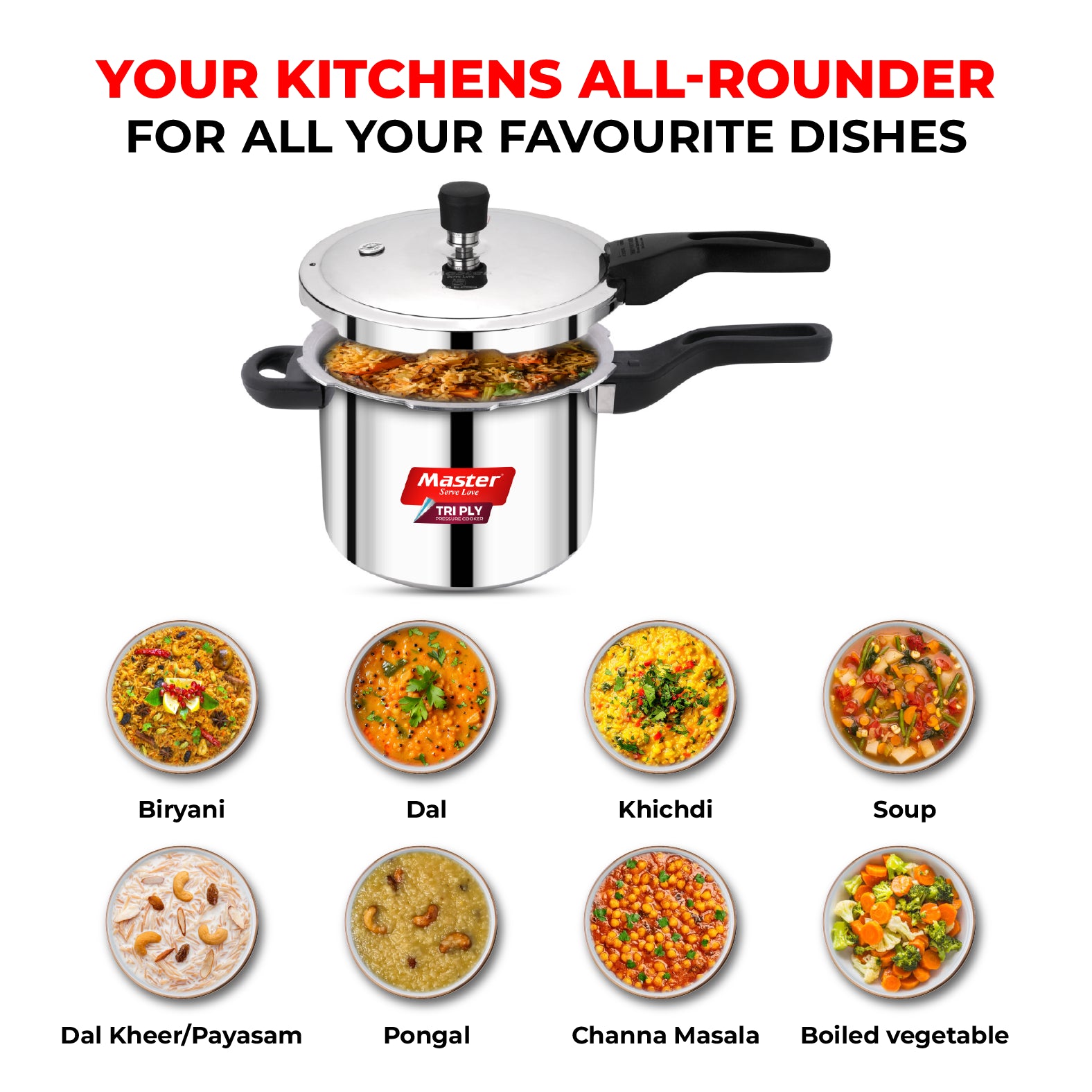 Nova 5L+3L+2L Tri Ply Flat Outer Lid Pressure Cooker Combo - Induction Base