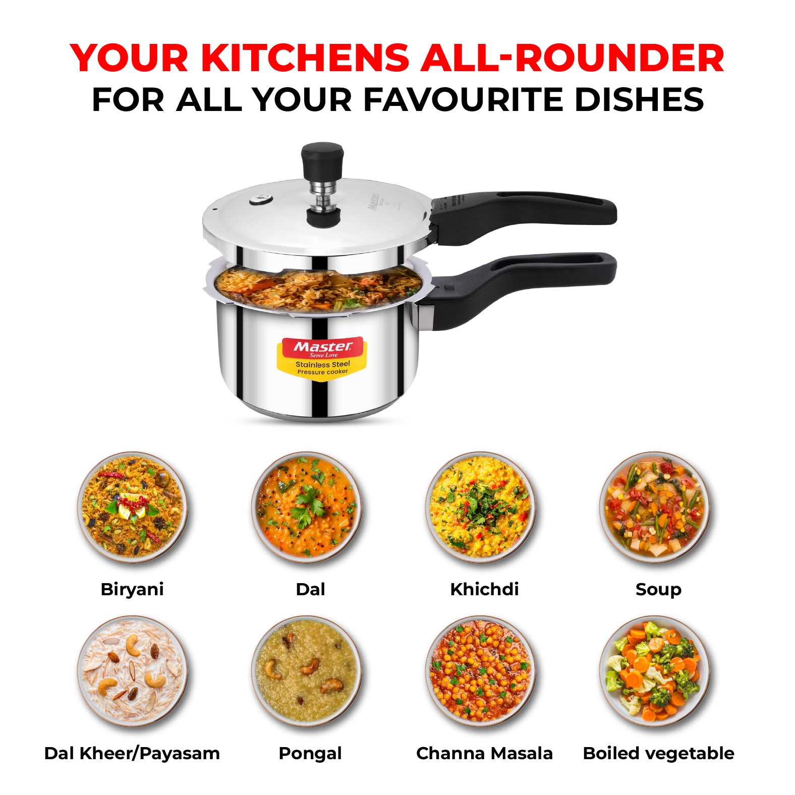 Amora 2L Stainless Steel Flat Outer Lid Pressure Cooker - Induction Base - Master