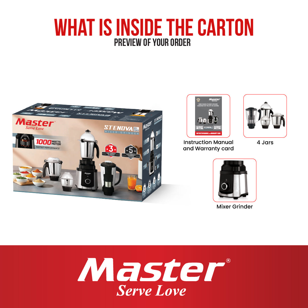 Stenova 1000 W Mixer Grinder with 4 Jars - Master