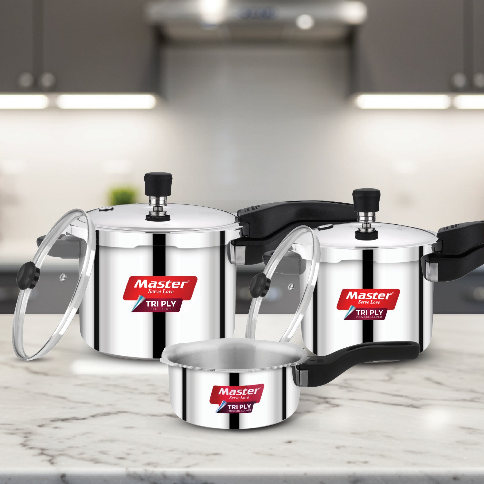 Nova 5L+3L+2L Tri Ply Flat Outer Lid Pressure Cooker Combo - Induction Base