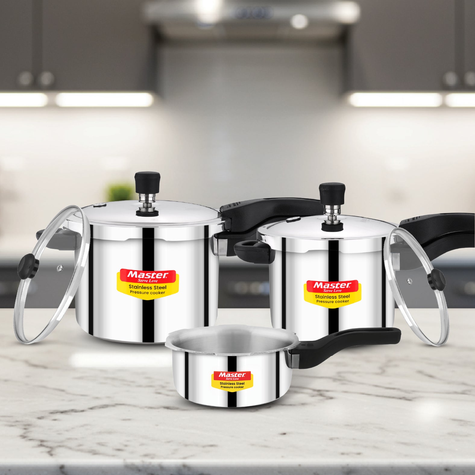 Amora 5L+3L+2L Stainless Steel Flat Outer Lid Pressure Cooker Combo - Induction Base - Master