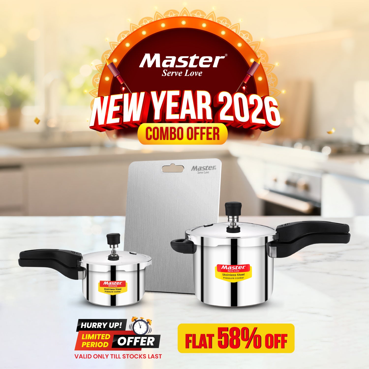 Amora 2L + 3L Stainless Steel Outer Lid Pressure Cooker (IB) + Slice SS Chopping Board (Small)