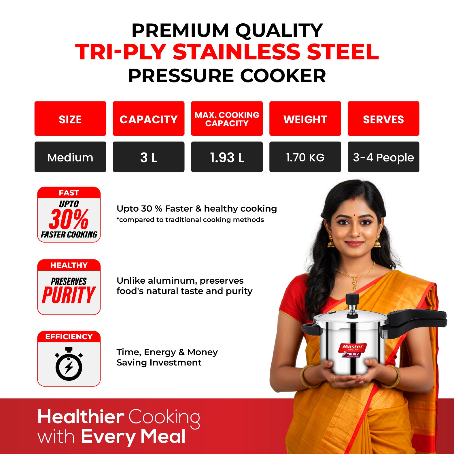 Nova 3L Tri Ply Flat Outer Lid Pressure Cooker - Induction Base - Master