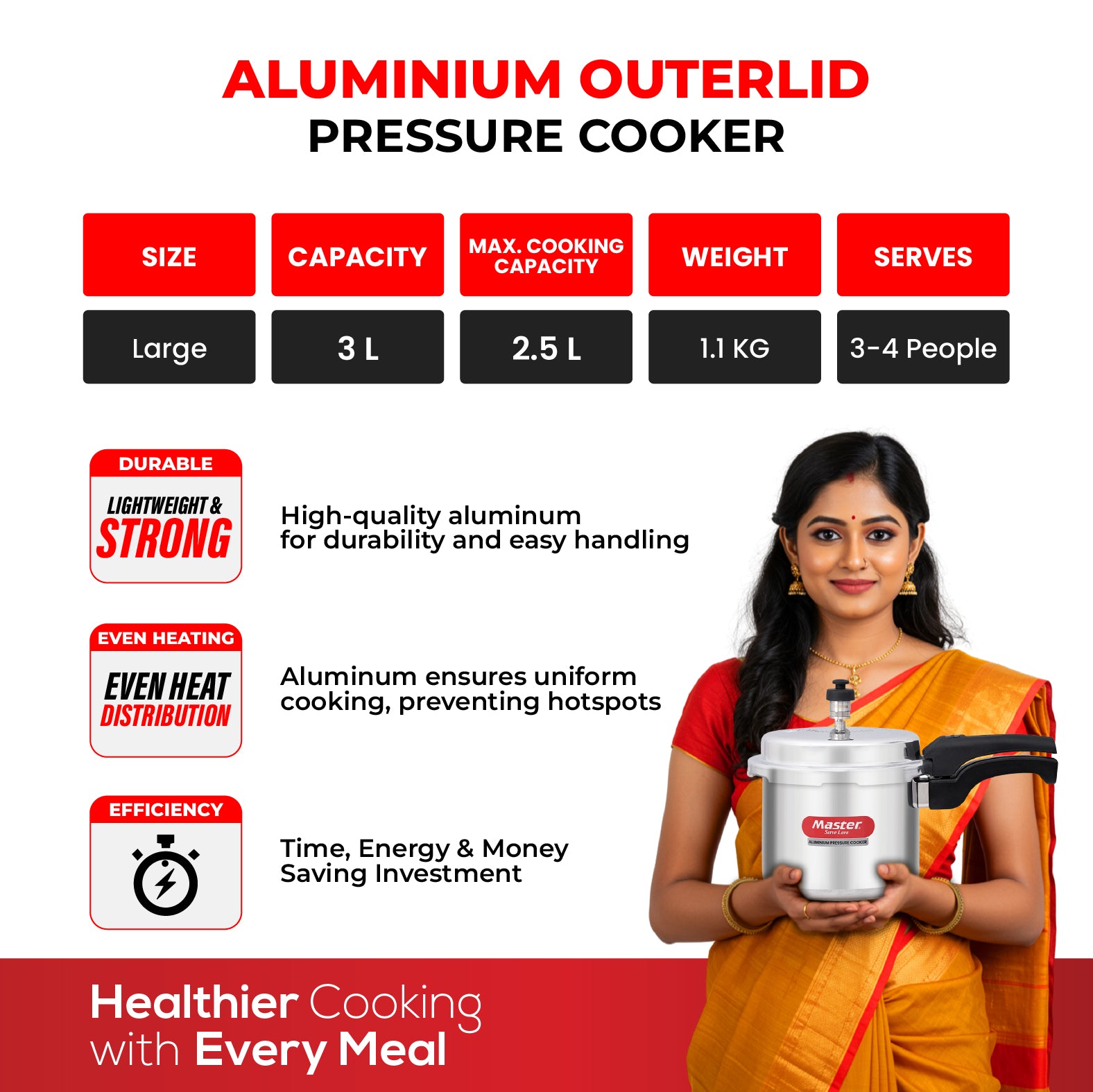 Popular 3L Aluminium Outer Lid Pressure Cooker - Induction Base - Master