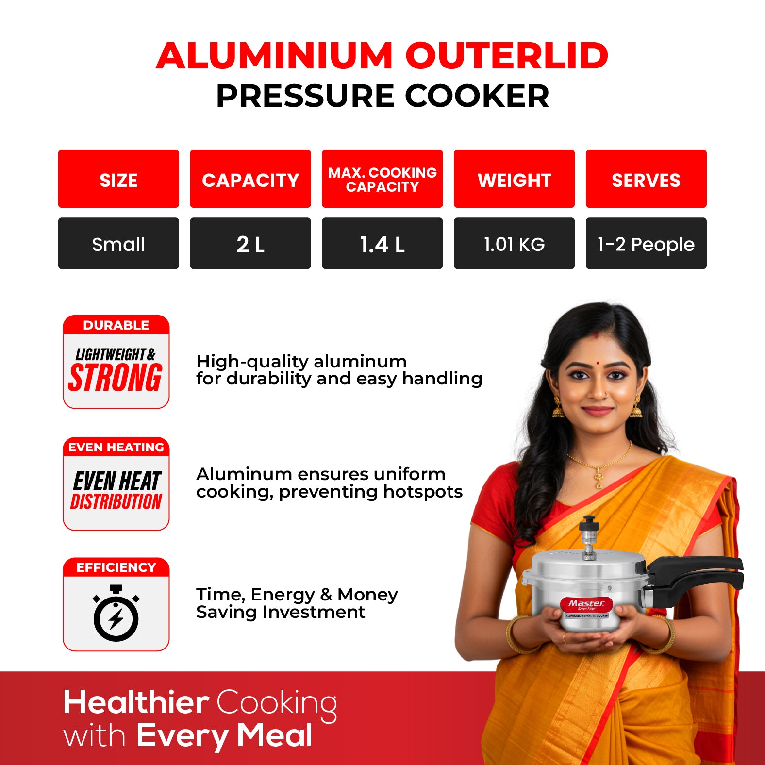 Popular 2L Aluminium Outer Lid Pressure Cooker - Induction Base - Master