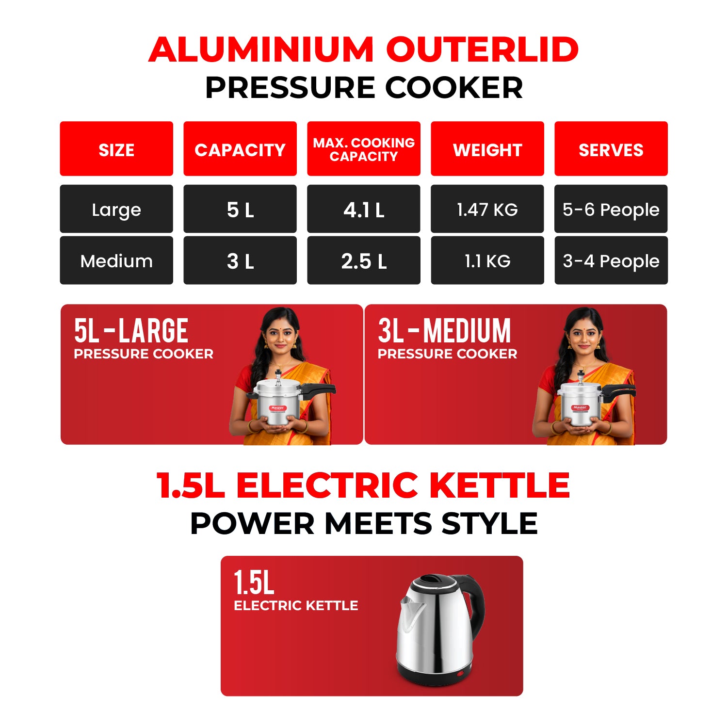 Popular 3L + 5L Aluminium Outer Lid Pressure Cooker (IB) + Hydropot 1.5L Electric Kettle