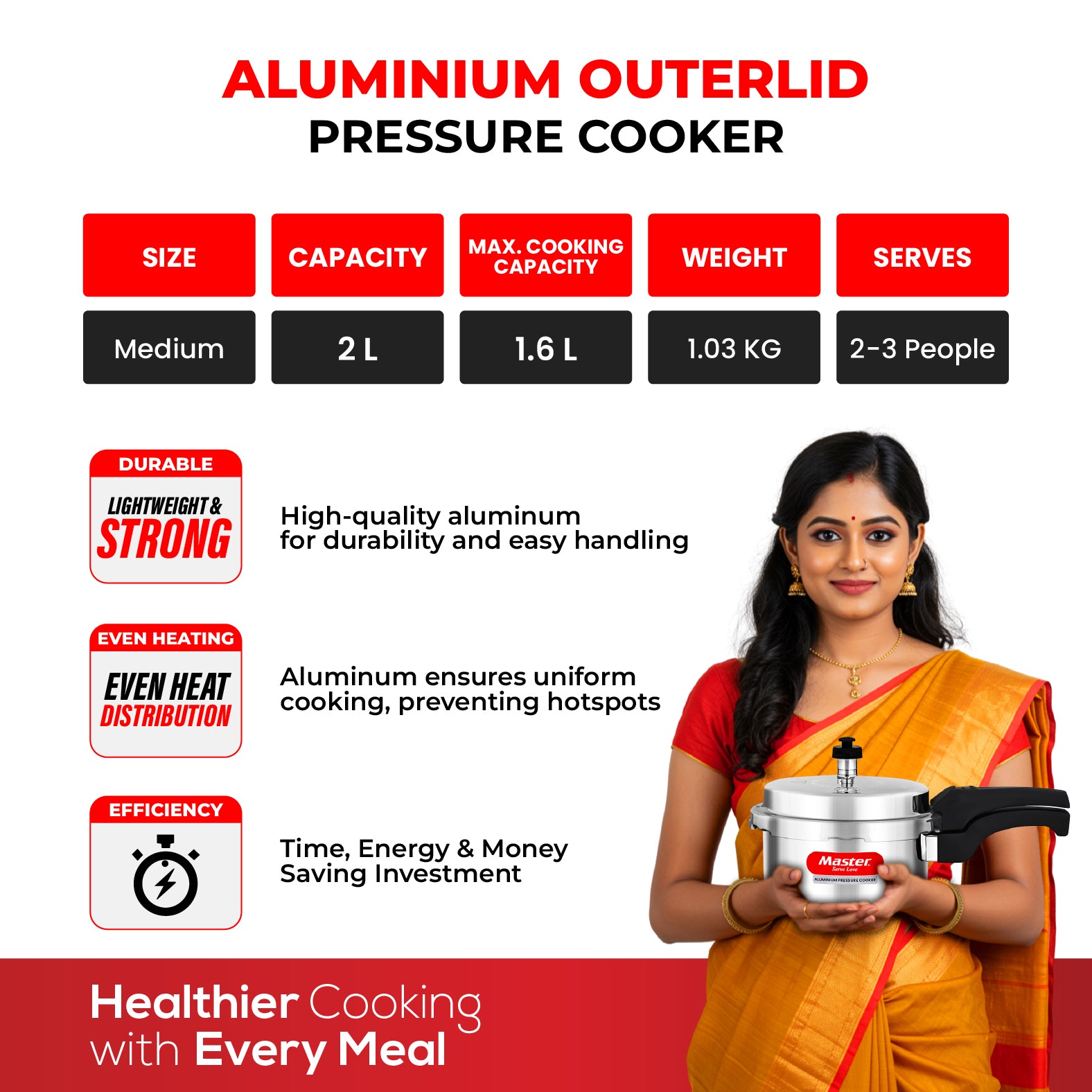 Deluxe 2L Aluminium Outer Lid - Heavy-Premium Pressure Cooker - Master