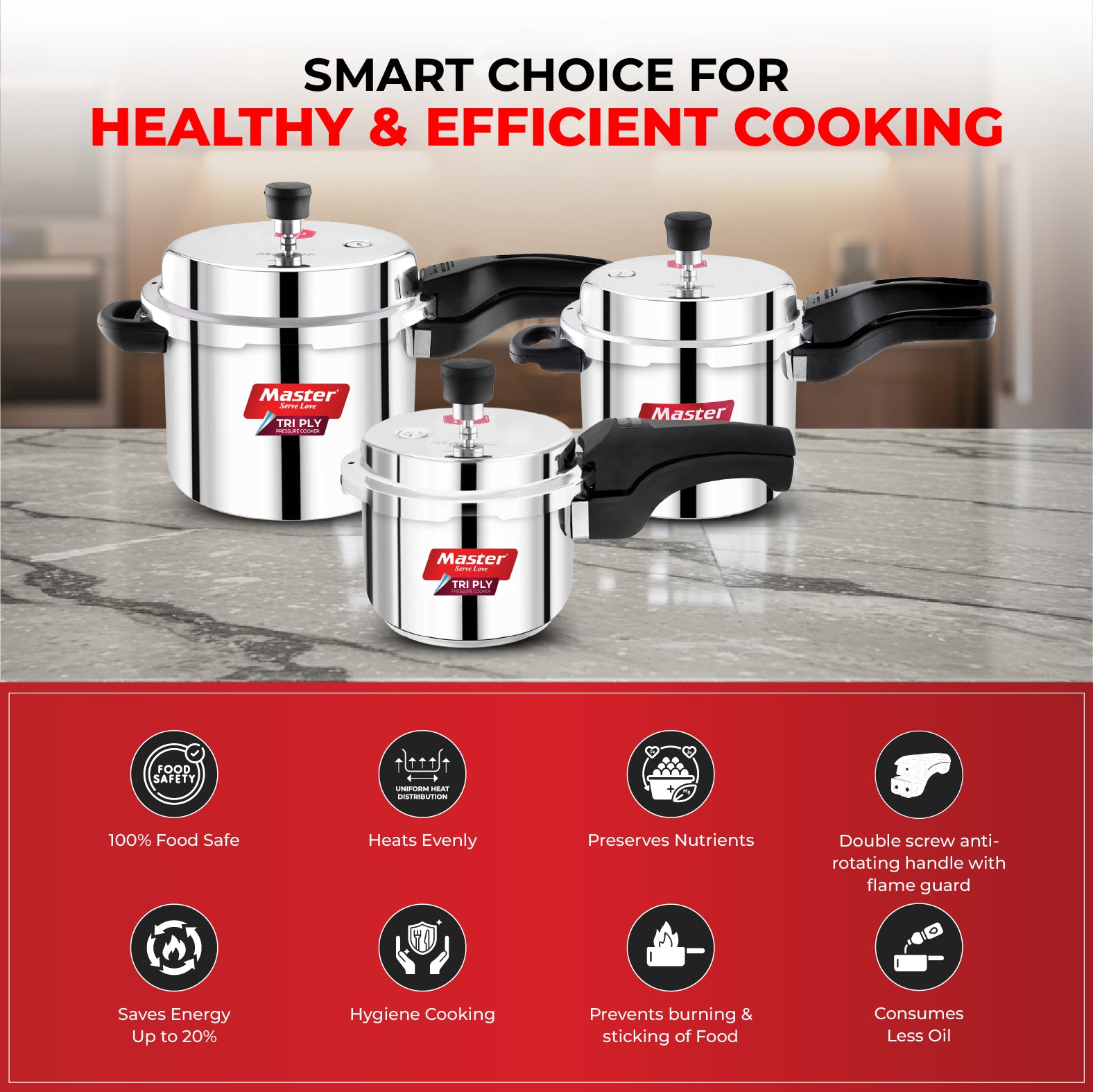 Triplica Pro 5L+3L+1.5L Tri Ply Outer Lid Pressure Cooker Combo - Induction Base