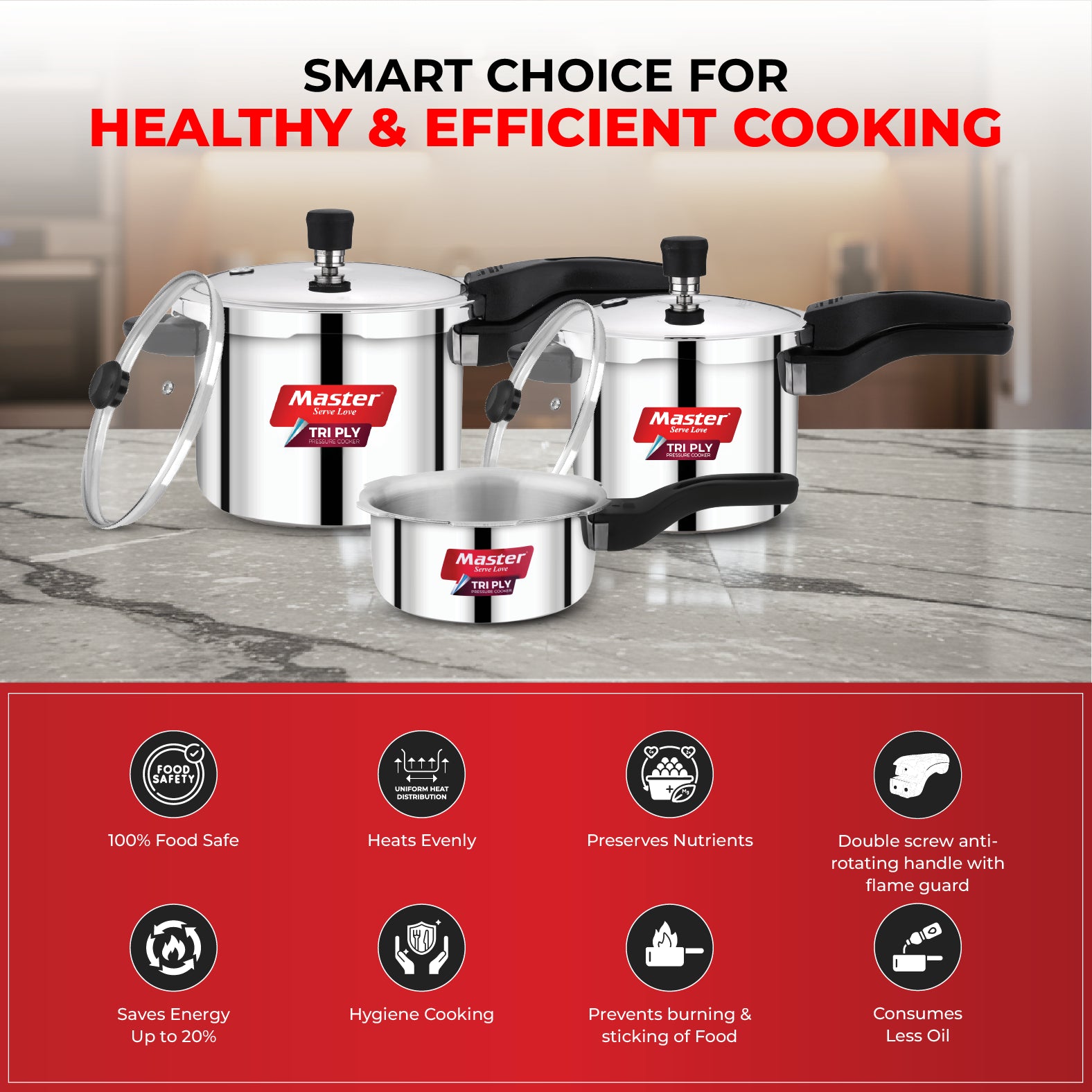 Nova 5L+3L+2L Tri Ply Flat Outer Lid Pressure Cooker Combo - Induction Base