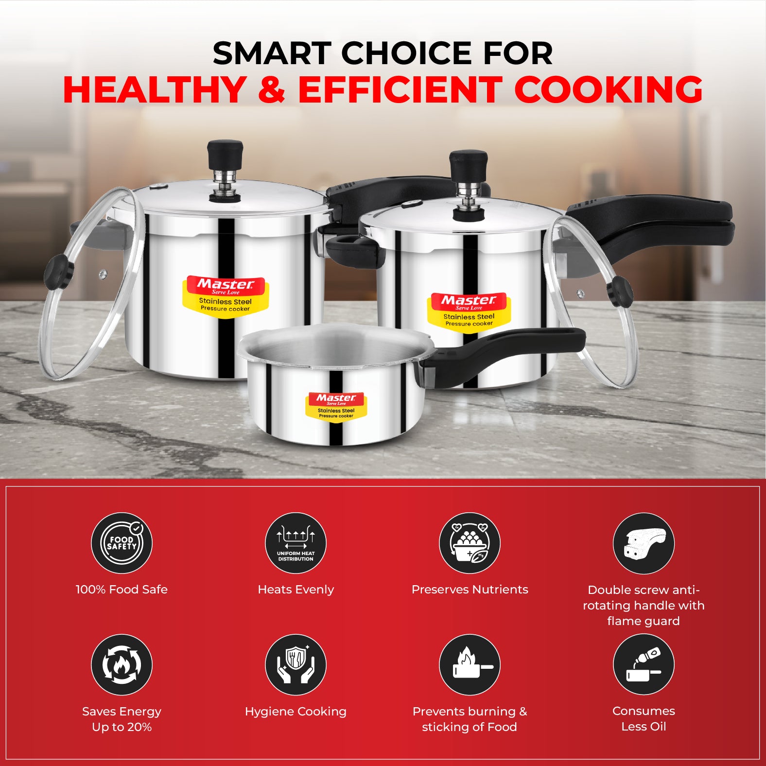 Amora 5L+3L+2L Stainless Steel Flat Outer Lid Pressure Cooker Combo - Induction Base - Master