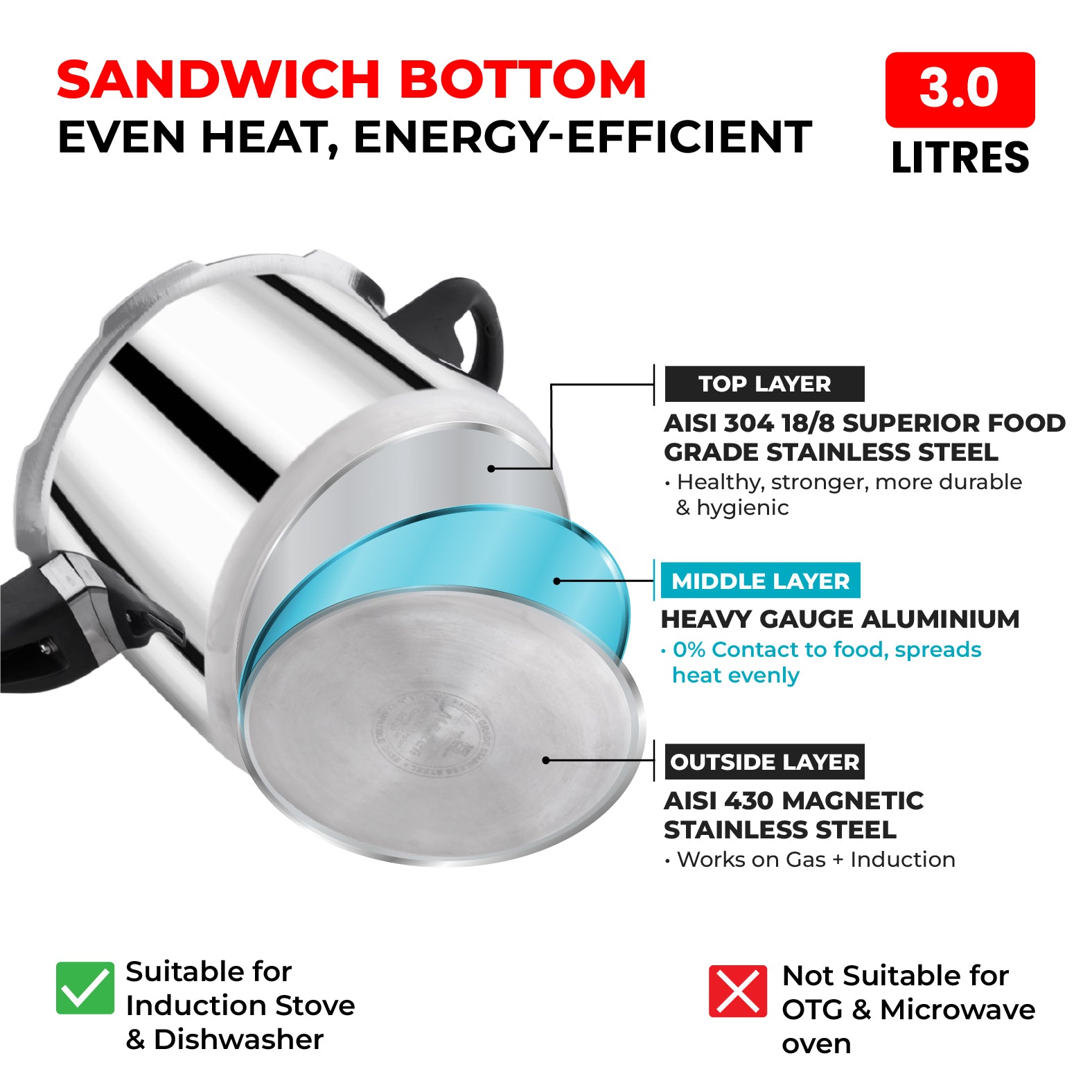 Amora 3L Stainless Steel Flat Outer Lid Pressure Cooker - Induction Base - Master