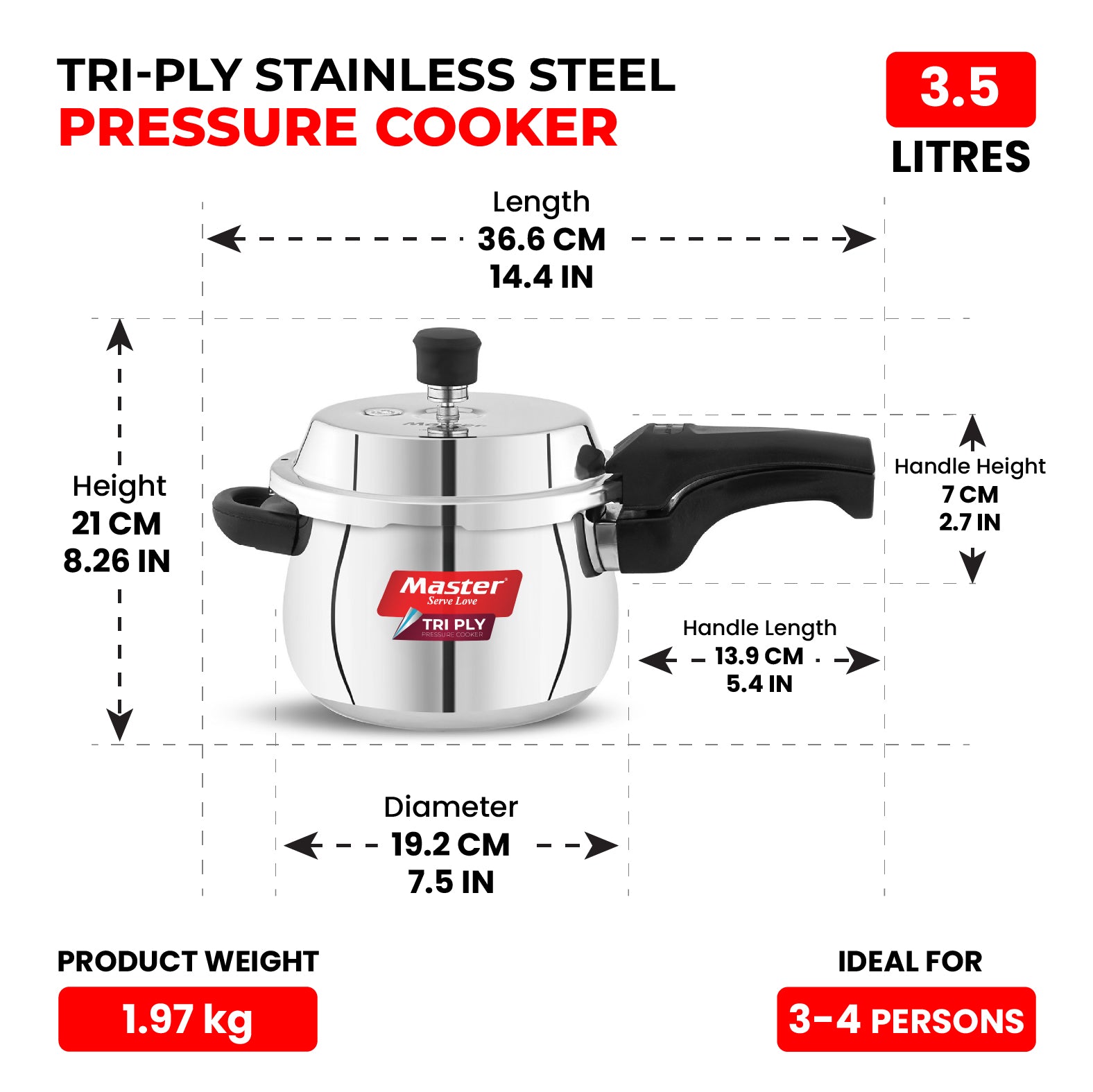 Robusta 3.5L Tri Ply Outer Lid Handi Pressure Cooker with Glass lid - Induction Base - Master