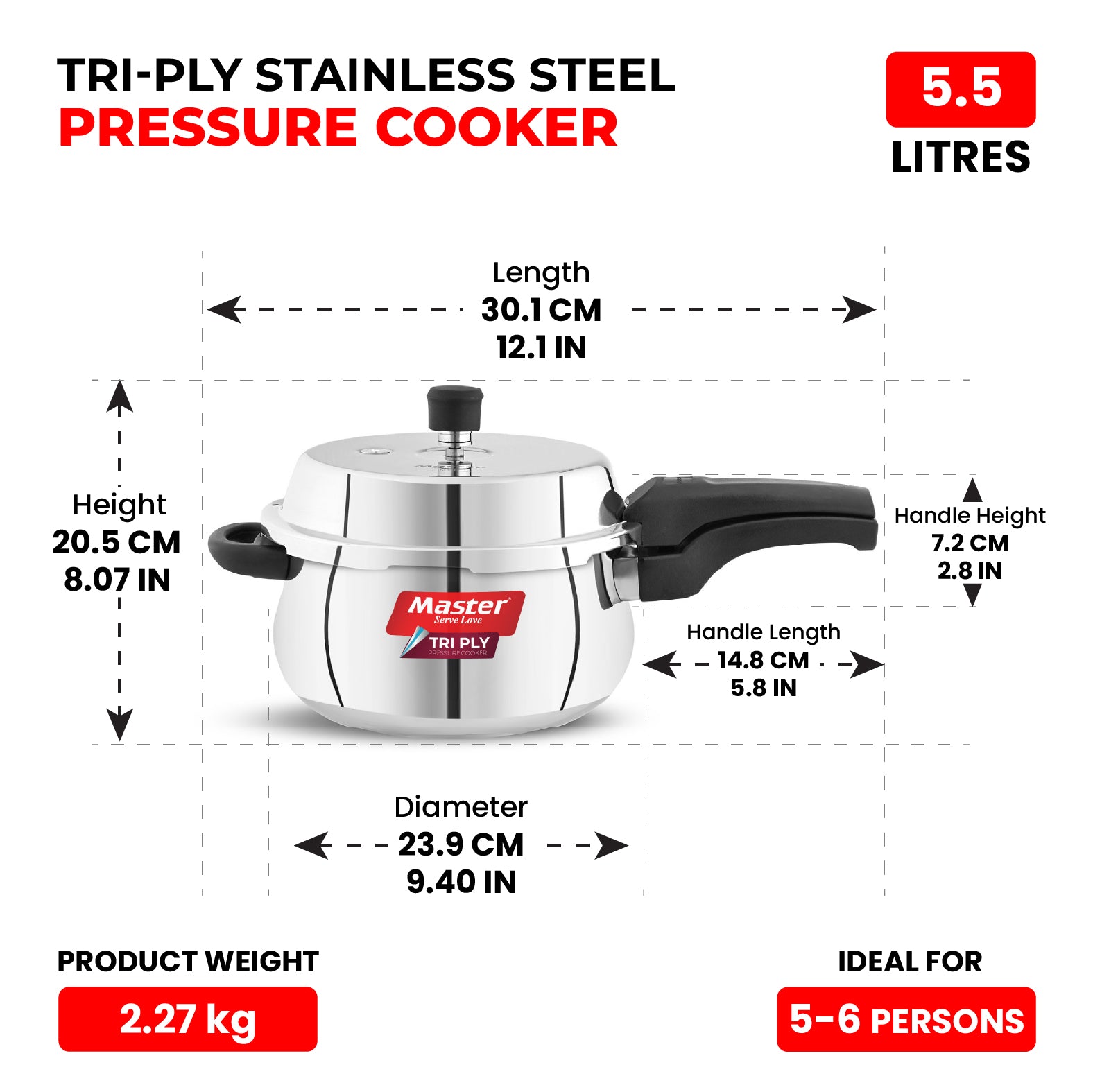 Robusta 5.5L Tri Ply Outer Lid Handi Pressure Cooker with Glass lid - Induction Base - Master