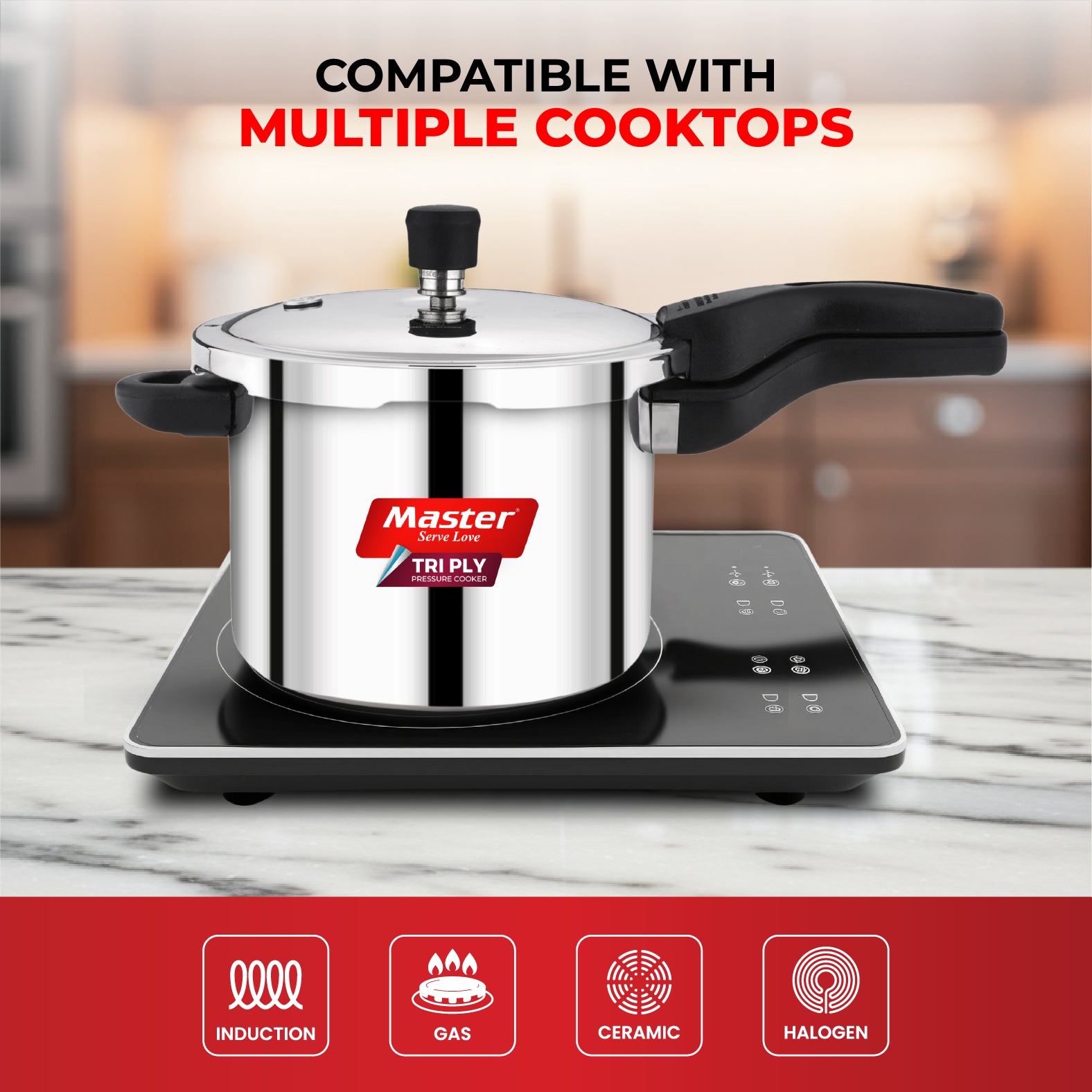 Nova 5L+3L+2L Tri Ply Flat Outer Lid Pressure Cooker Combo - Induction Base