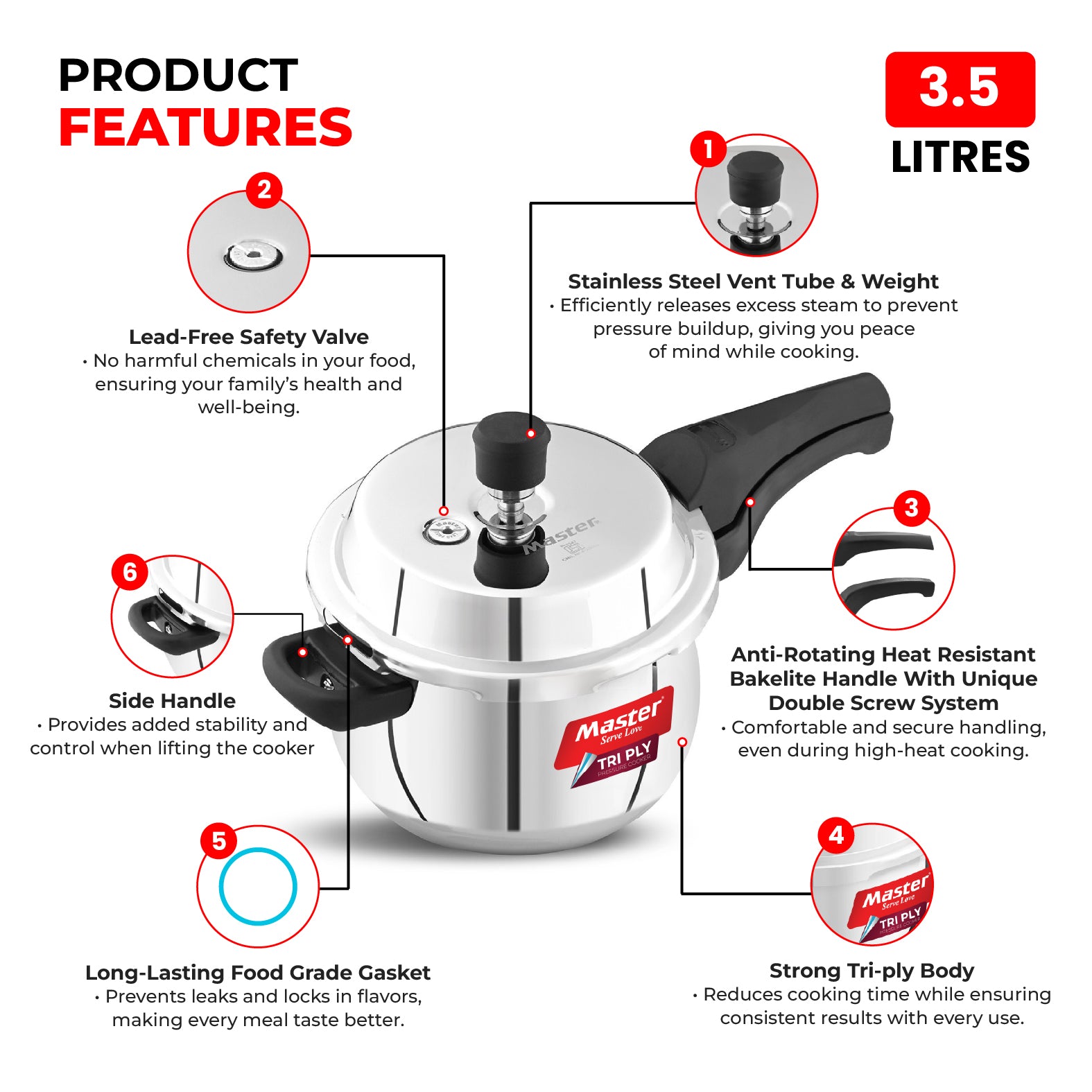 Robusta 3.5L Tri Ply Outer Lid Handi Pressure Cooker with Glass lid - Induction Base - Master