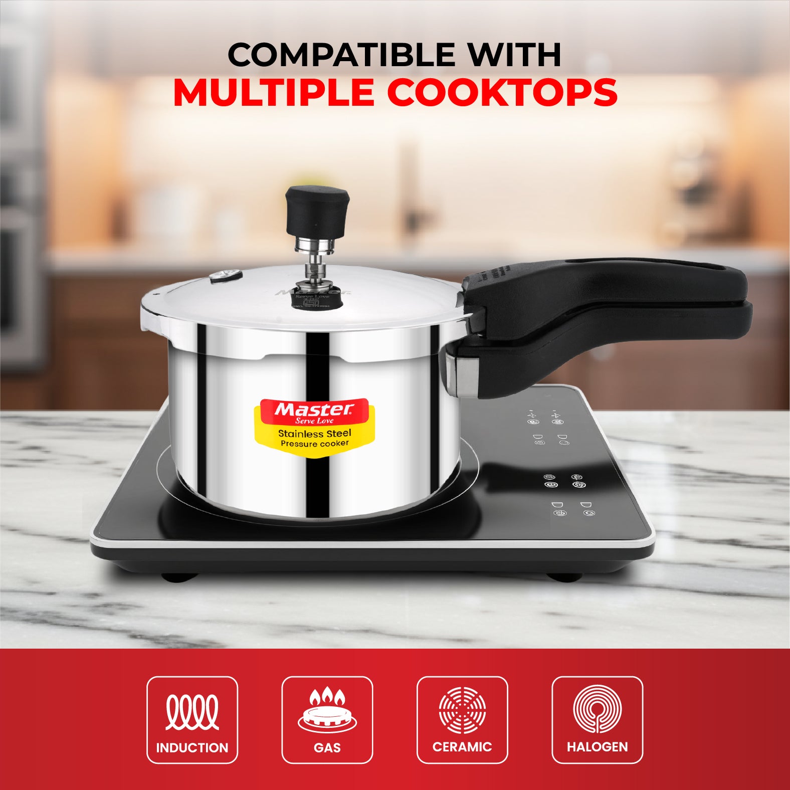 Amora 2L Stainless Steel Flat Outer Lid Pressure Cooker - Induction Base - Master