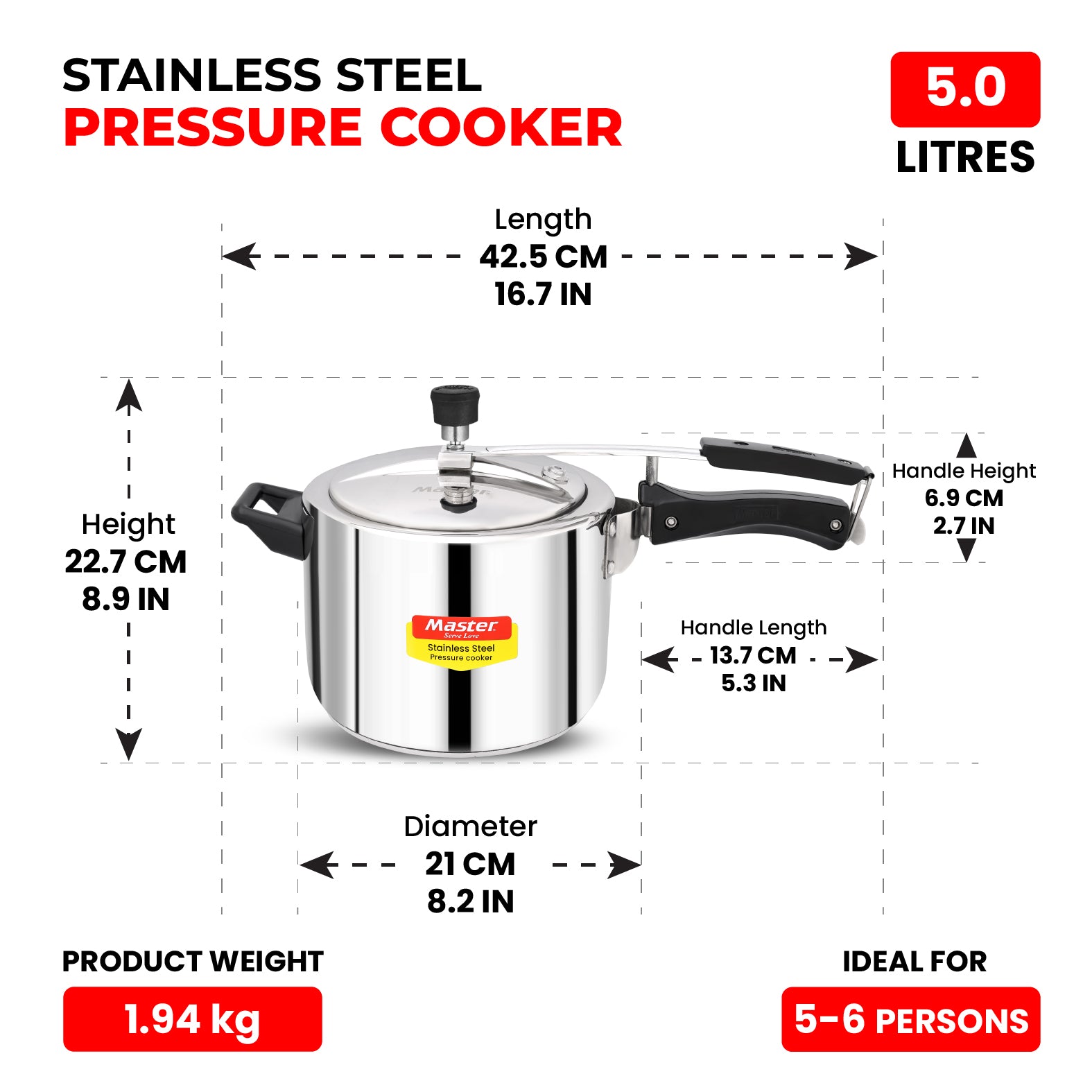Gloria 5L Stainless Steel Inner Lid Pressure Cooker - Induction Base - Master