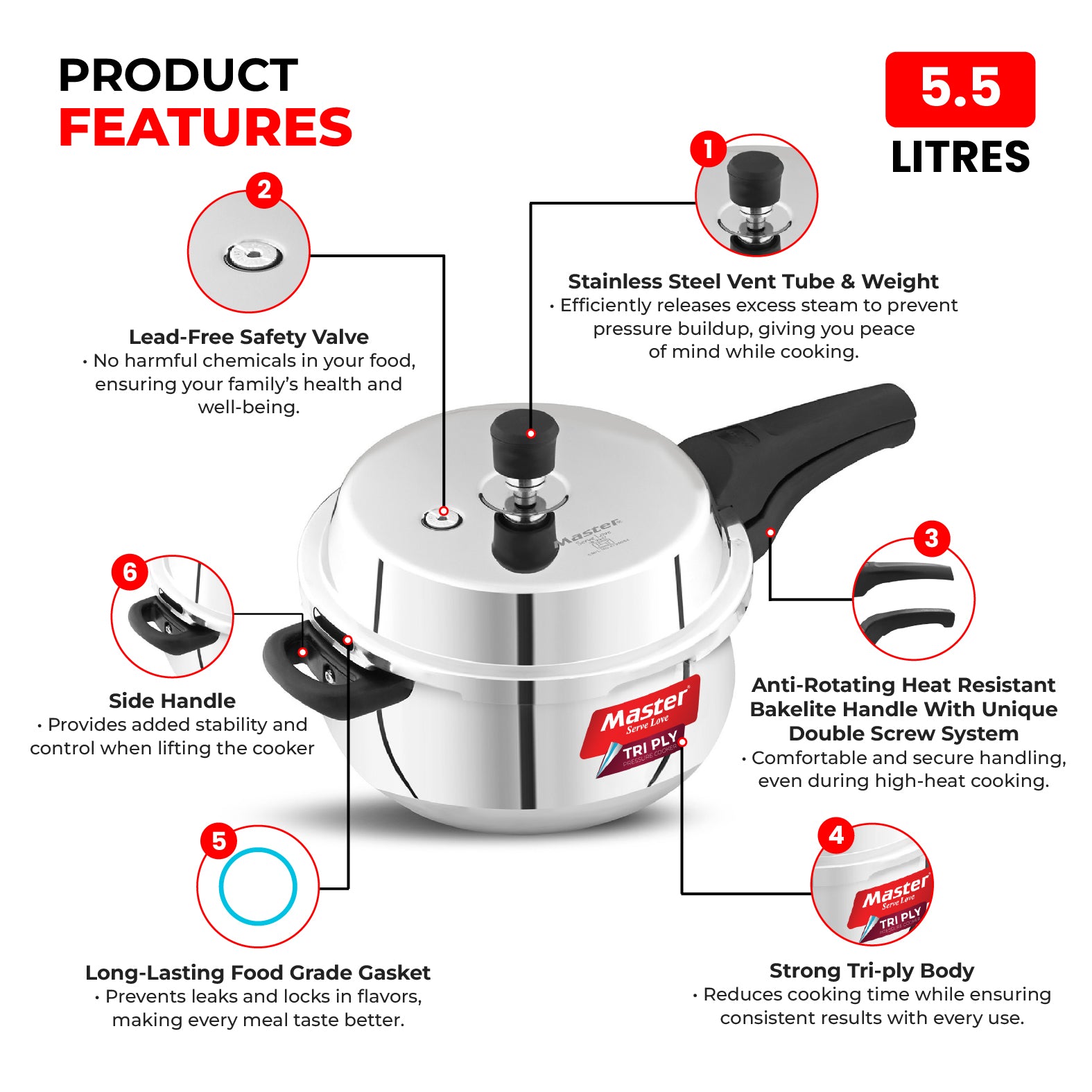 Robusta 5.5L Tri Ply Outer Lid Handi Pressure Cooker with Glass lid - Induction Base - Master