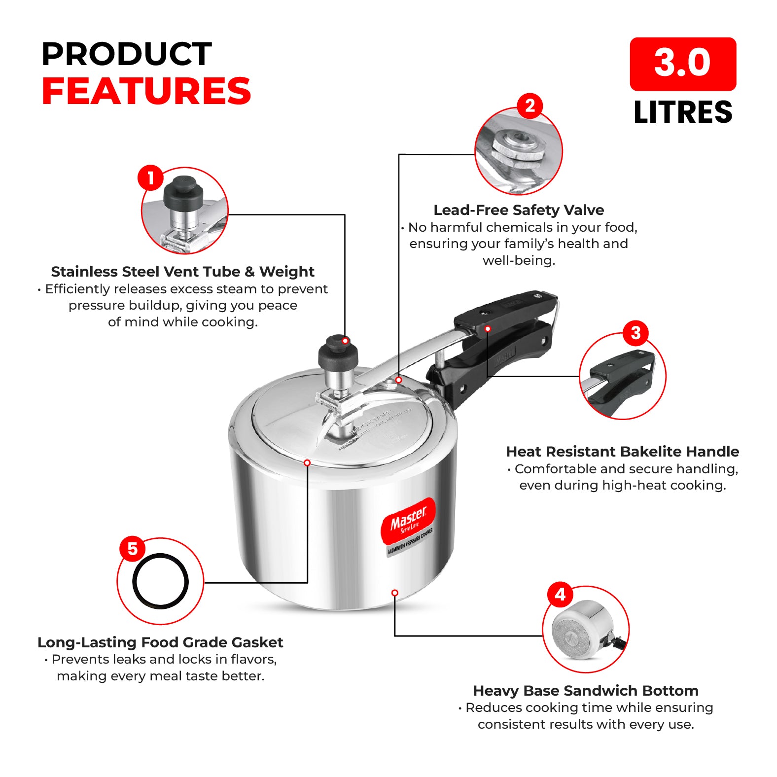 Secura 3L Aluminium Inner Lid Pressure Cooker - Induction Base - Master
