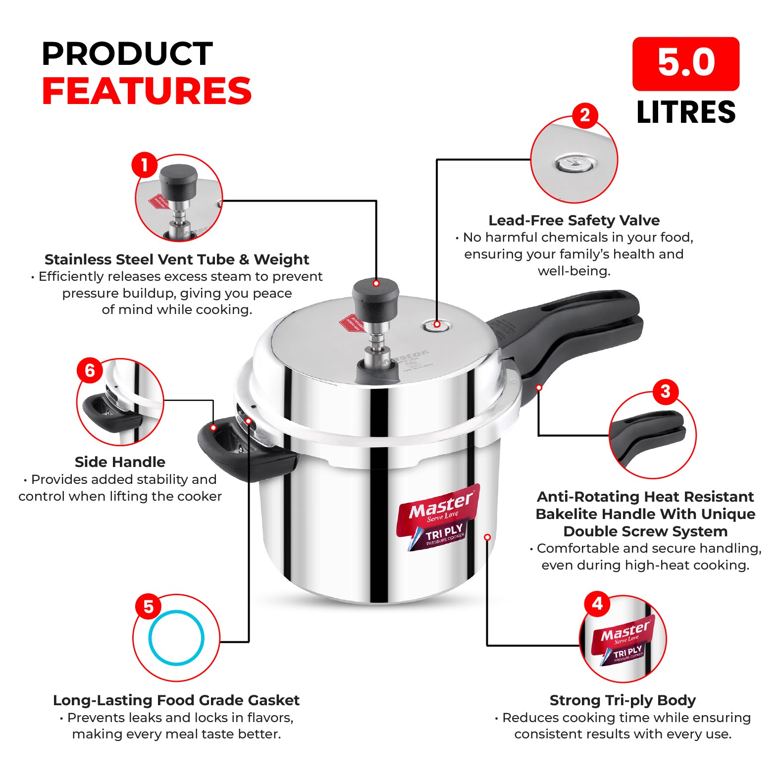 Trinamo 5L Outer Lid Tri Ply Pressure Cooker - Induction Base - Master