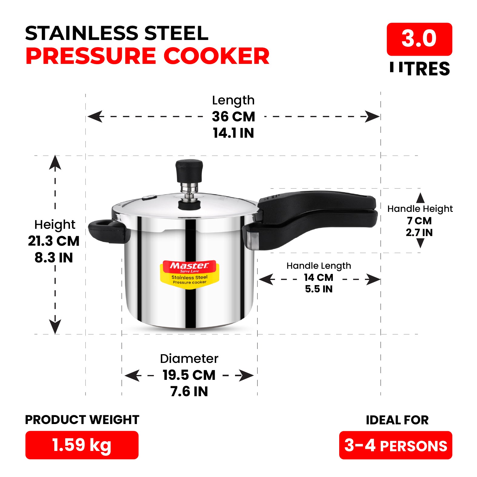 Amora 3L Stainless Steel Flat Outer Lid Pressure Cooker - Induction Base - Master