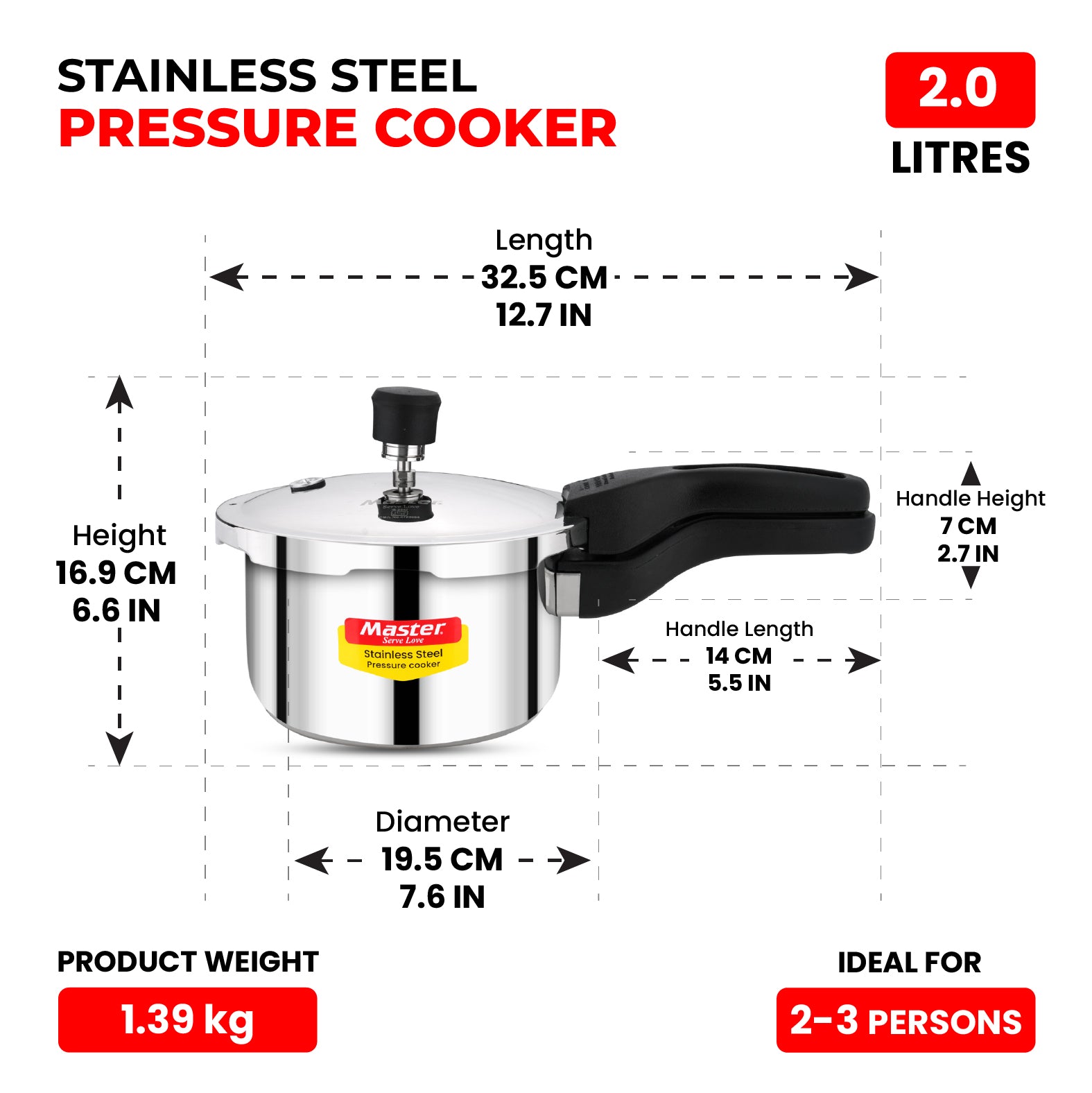 Amora 2L Stainless Steel Flat Outer Lid Pressure Cooker - Induction Base - Master