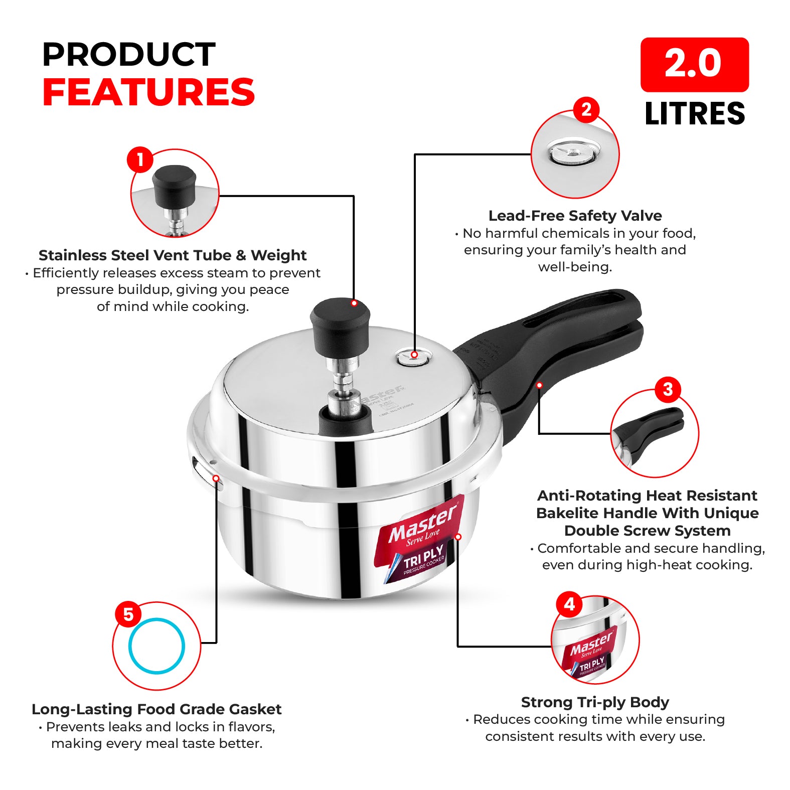 Trinamo 2L Outer Lid Tri Ply Pressure Cooker - Induction Base - Master