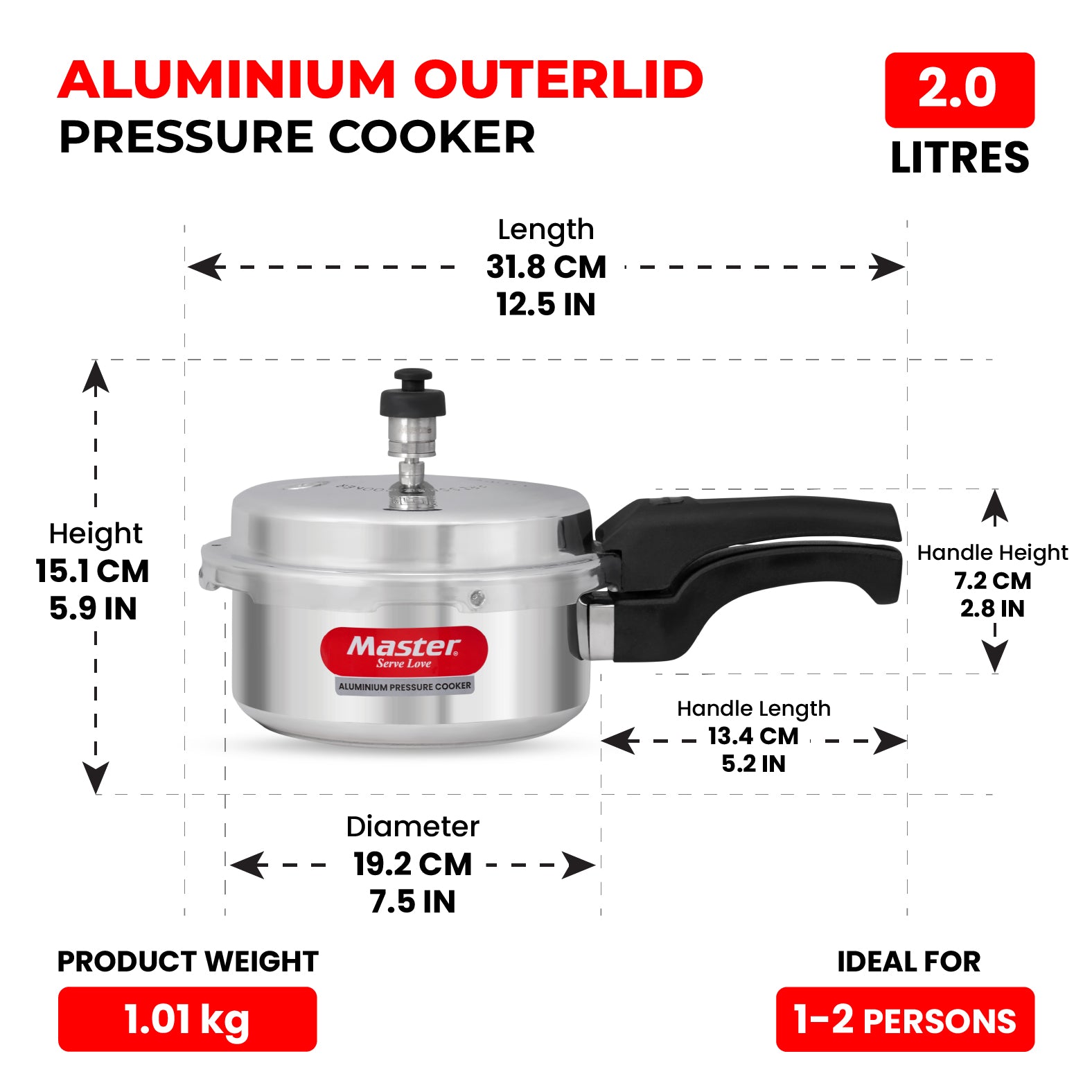 Popular 2L Aluminium Outer Lid Pressure Cooker - Induction Base - Master