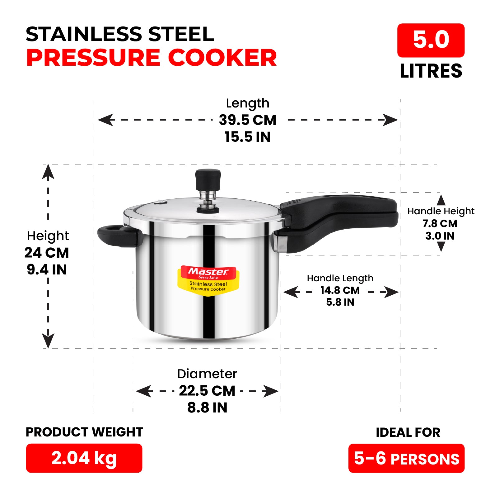 Amora 5L Stainless Steel Flat Outer Lid Pressure Cooker - Induction Base - Master