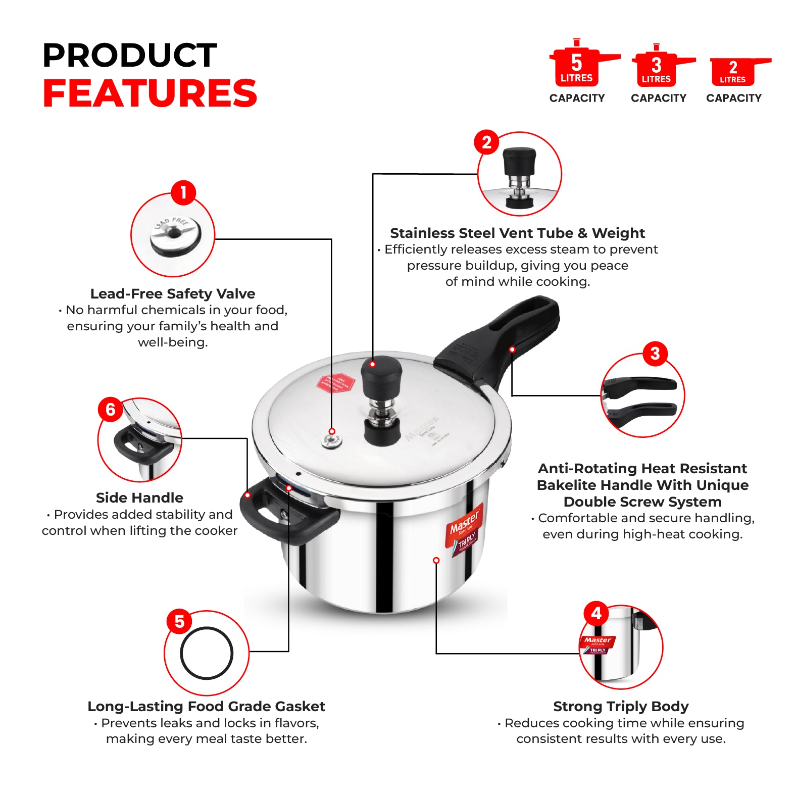 Nova 5L+3L+2L Tri Ply Flat Outer Lid Pressure Cooker Combo - Induction Base