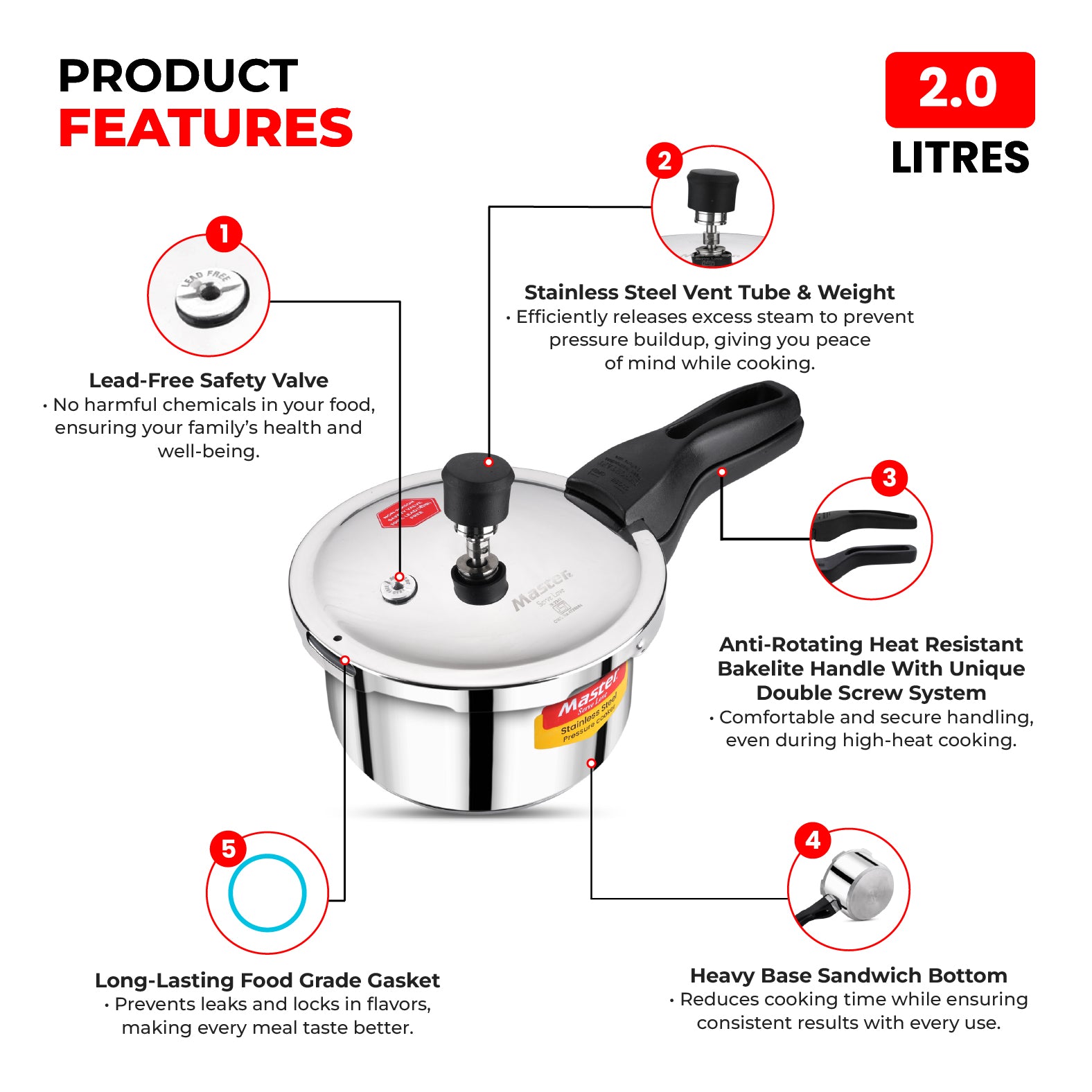 Amora 2L Stainless Steel Flat Outer Lid Pressure Cooker - Induction Base - Master