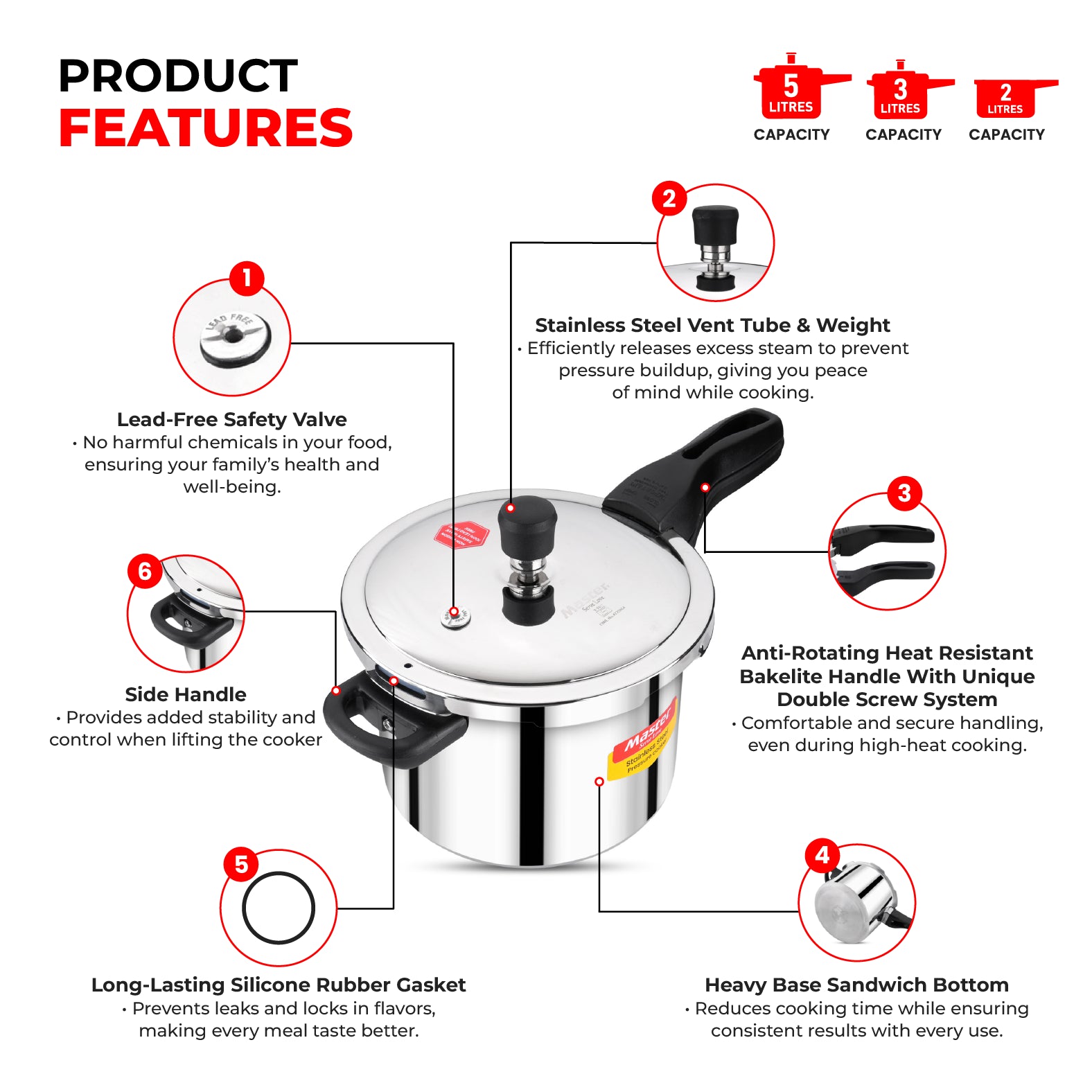 Amora 5L+3L+2L Stainless Steel Flat Outer Lid Pressure Cooker Combo - Induction Base - Master