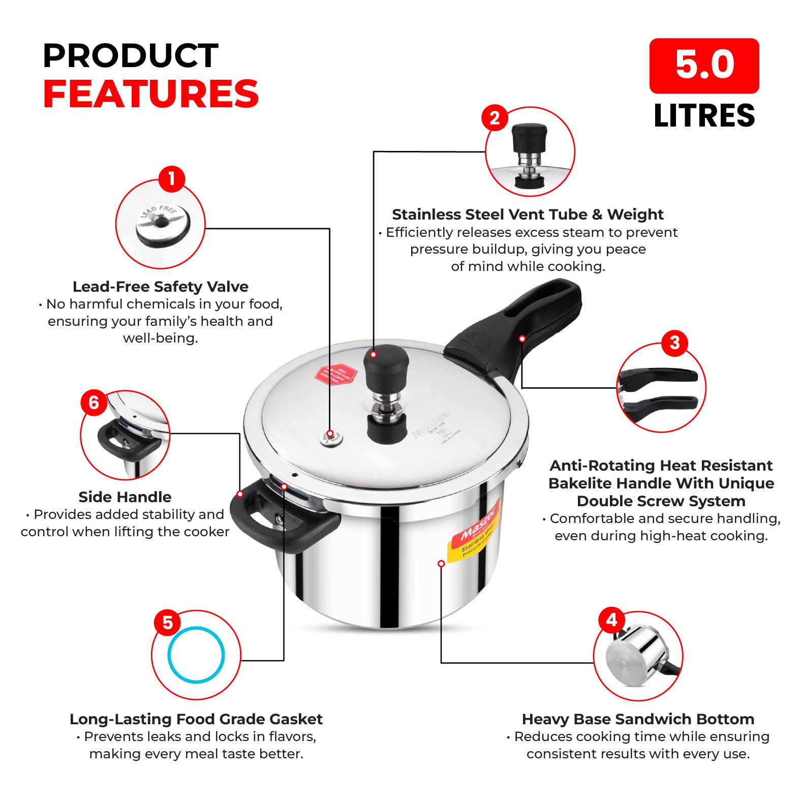 Amora 5L Stainless Steel Flat Outer Lid Pressure Cooker - Induction Base - Master