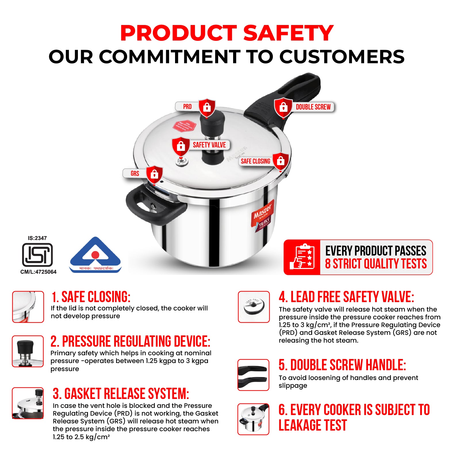 Nova 5L+3L+2L Tri Ply Flat Outer Lid Pressure Cooker Combo - Induction Base
