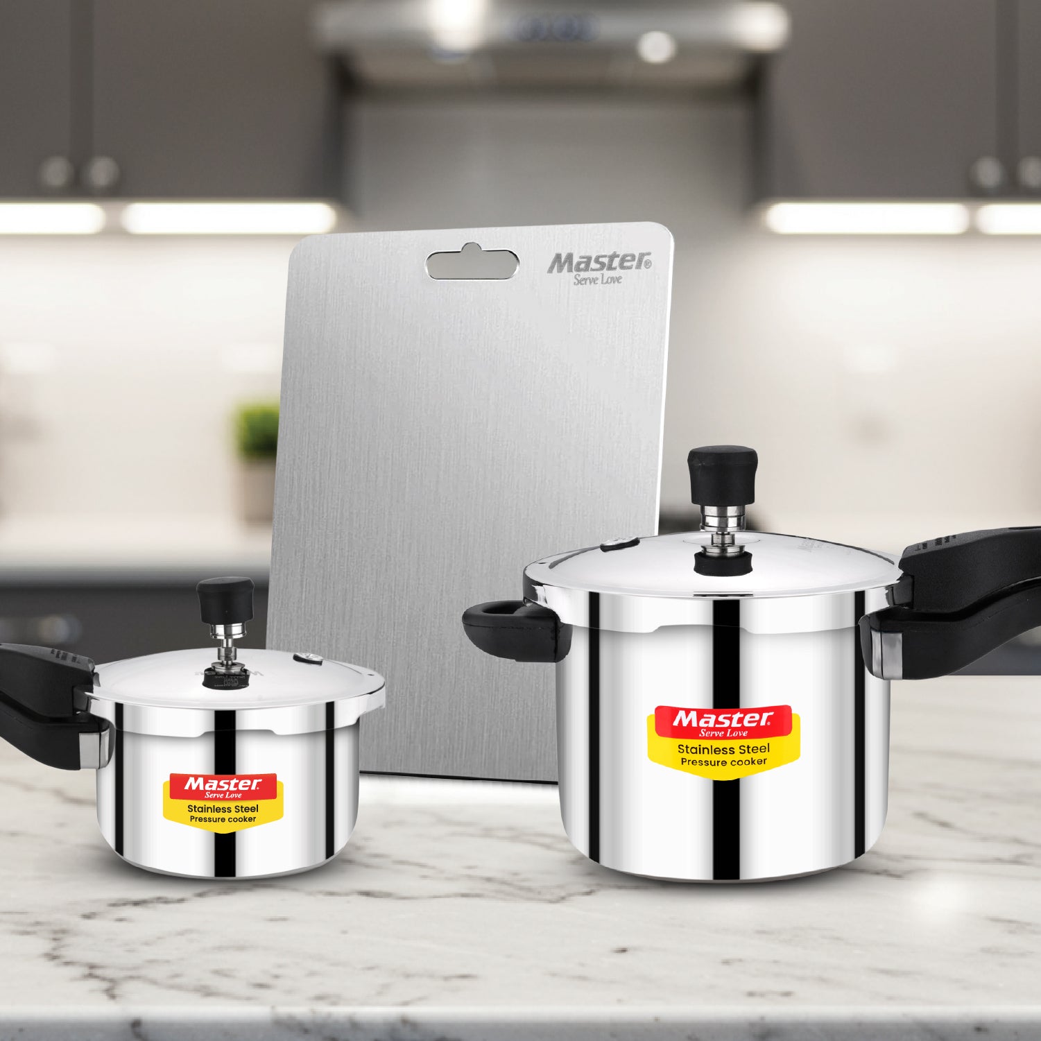 Amora 2L + 3L Stainless Steel Outer Lid Pressure Cooker (IB) + Slice SS Chopping Board (Small)