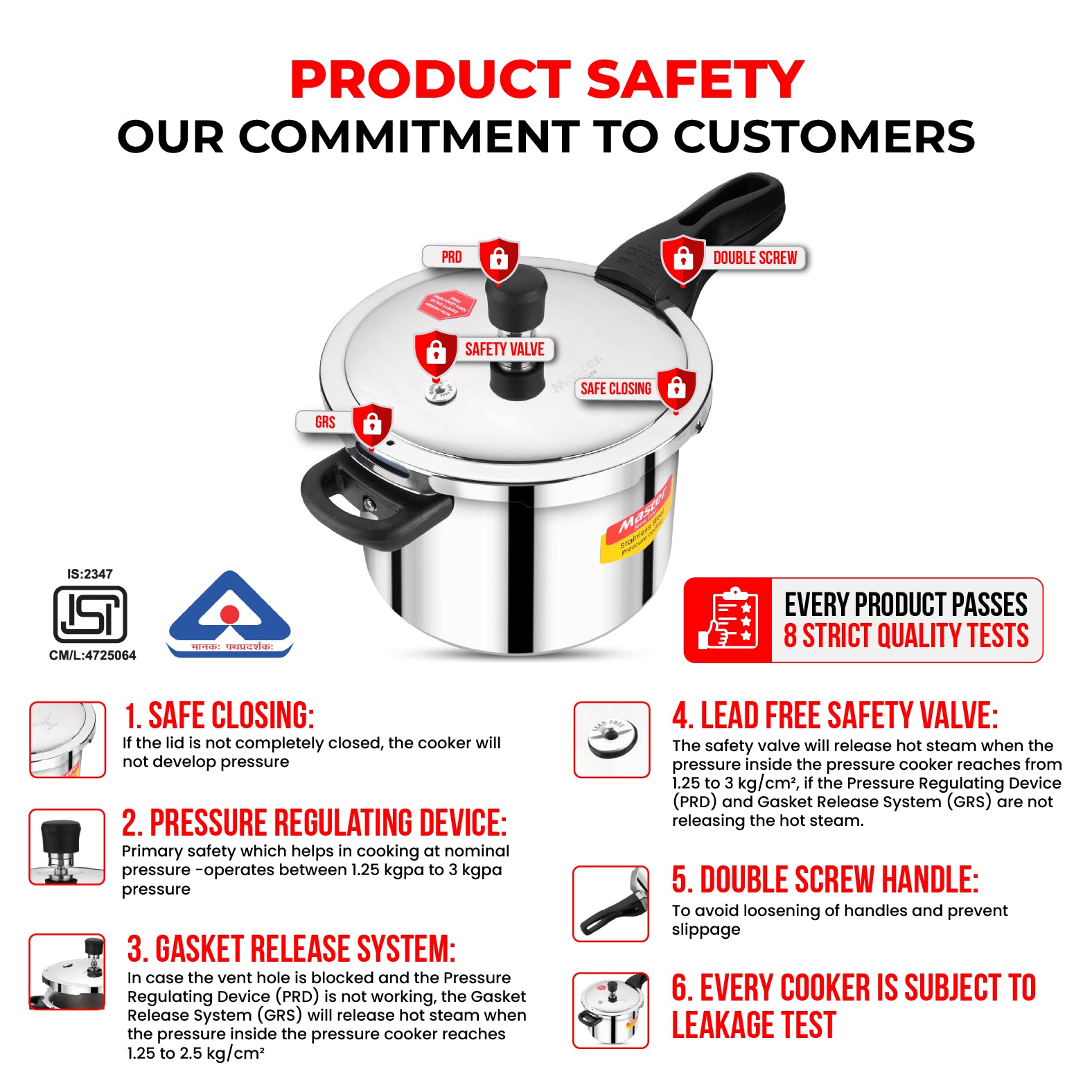 Amora 5L+3L+2L Stainless Steel Flat Outer Lid Pressure Cooker Combo - Induction Base - Master