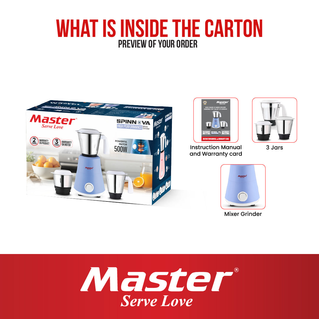 Spinnova 500W Mixer Grinder with 3 Jars (Blue) - Master