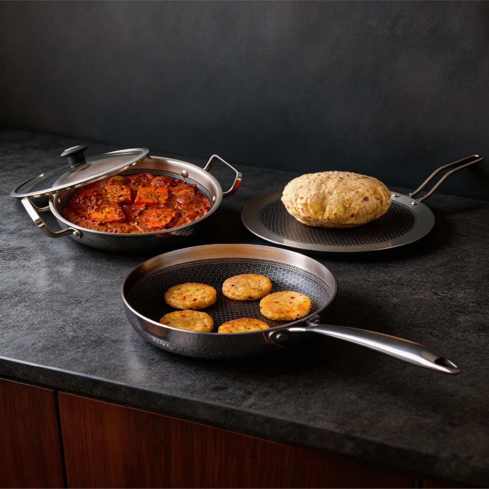 Titan Pro Honeycomb Triply Cookware Combo – 24cm Fry Pan + 24cm Kadai + 25cm Roti Tawa | Stainless Steel Triply Base | Honeycomb Non-Stick Surface | Induction & Gas Compatible | Durable Kitchen Set - Master