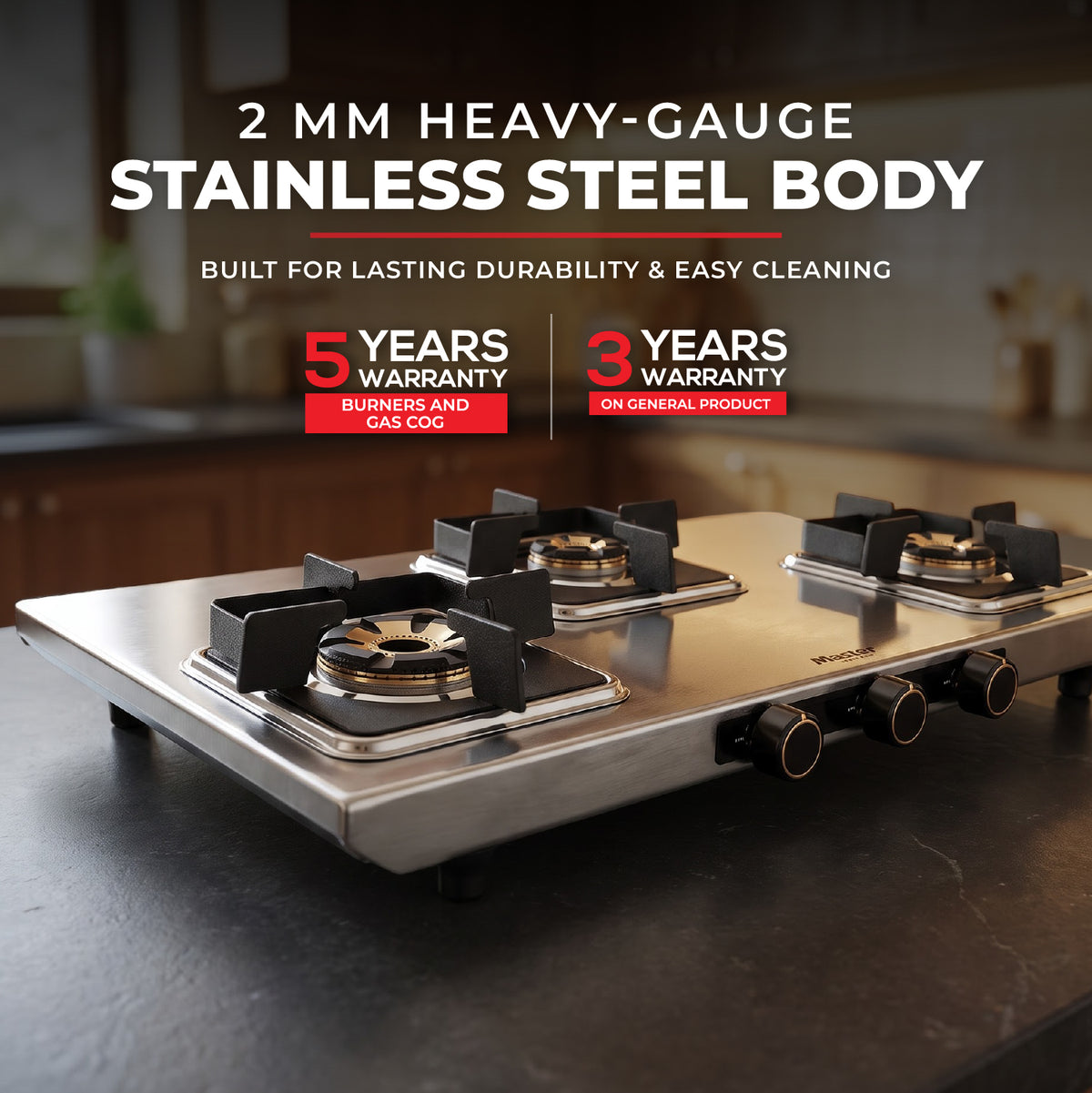 Imperio Premium Stainless Steel LPG Gas Stove with Jumbo Burner – 3 Burner