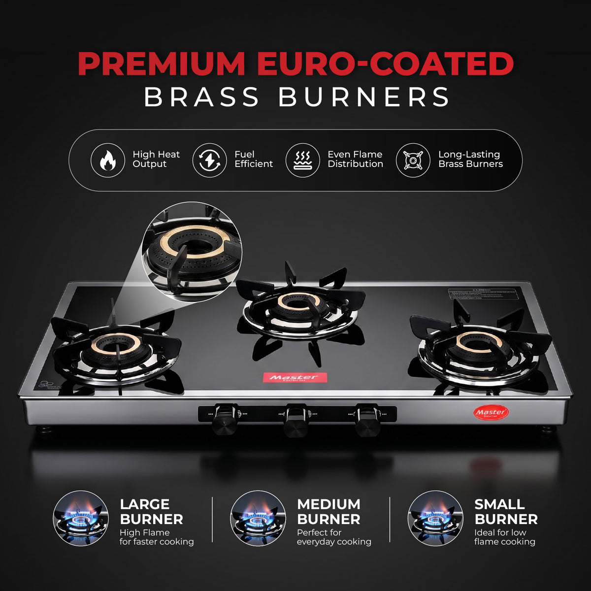 Regalia Premium Glass Top LPG Gas Stove with Jumbo Burner – 3 Burner