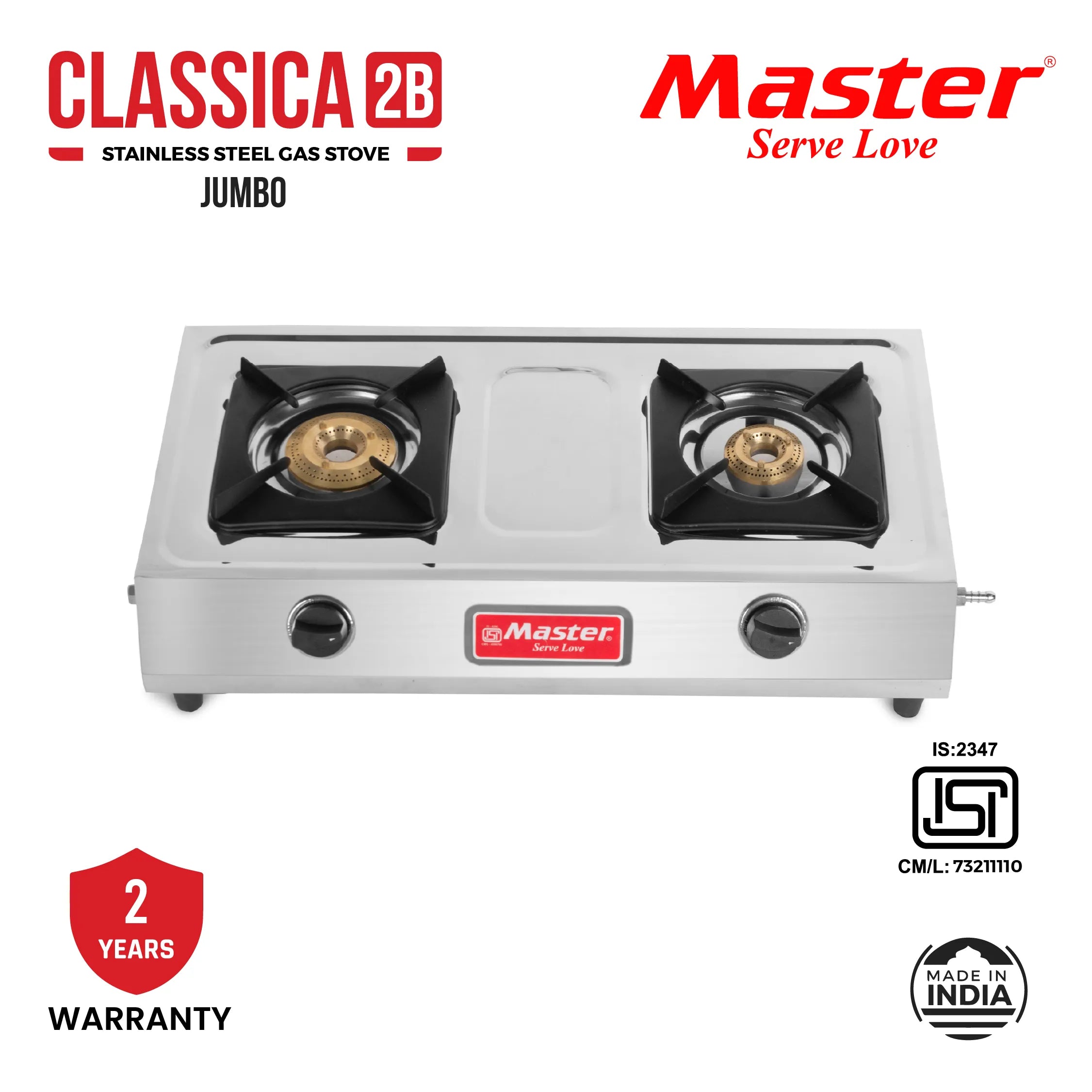 Classica 2 Burner Jumbo Stainless Steel Gas Stove - Master