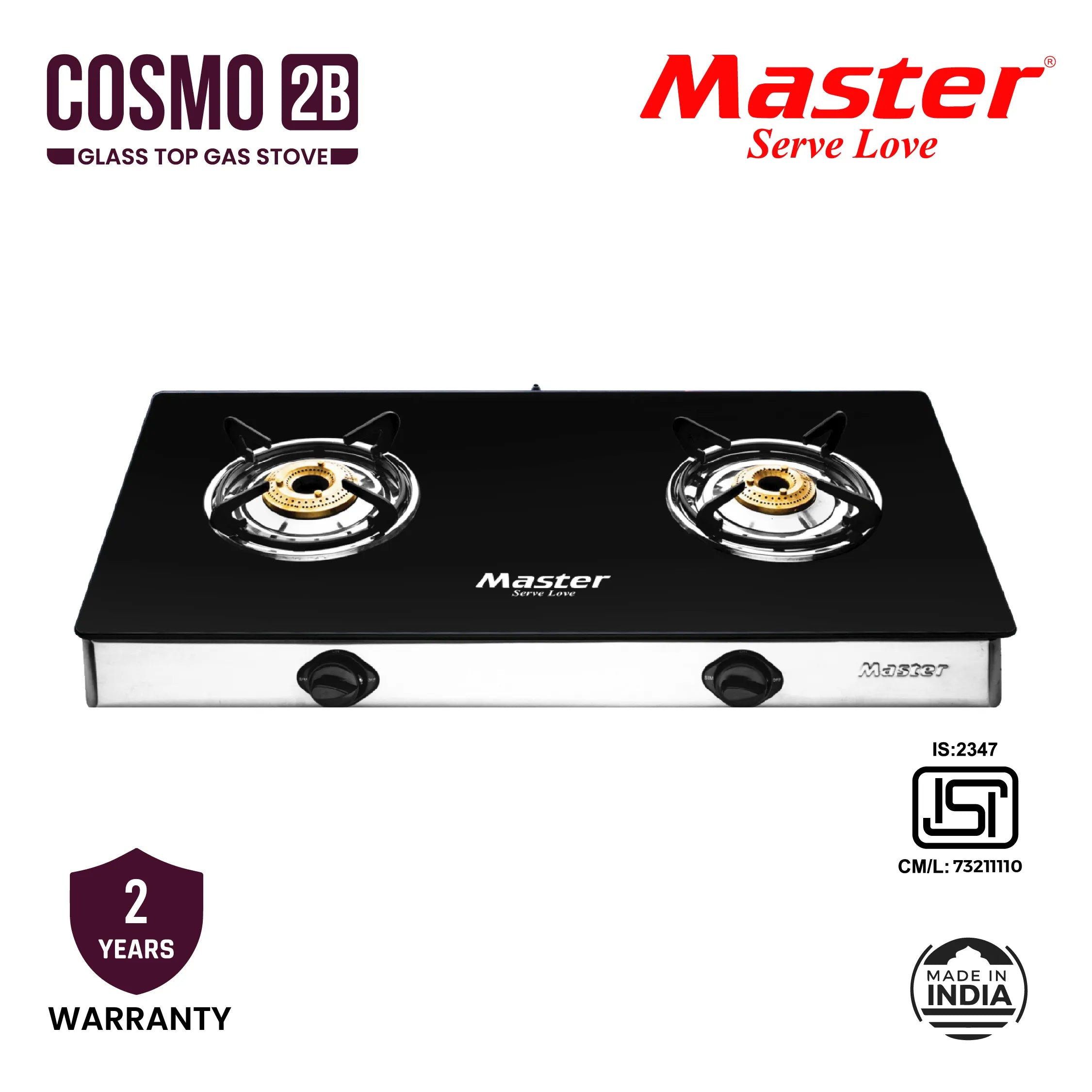 Cosmo 2 Burner Glass Top Gas Stove - Master