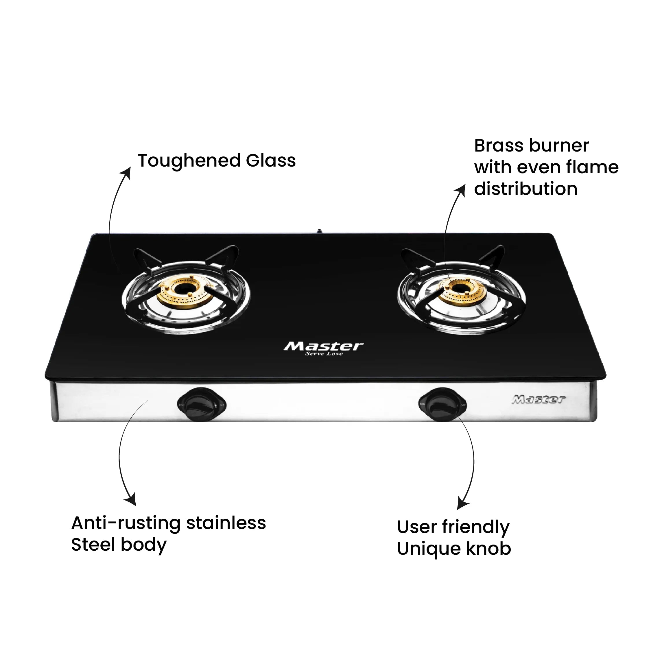 Cosmo 2 Burner Glass Top Gas Stove - Master