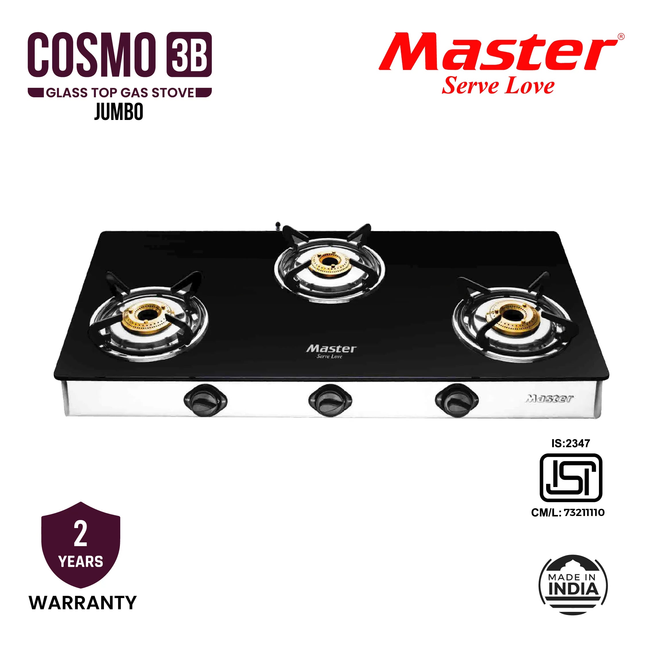Cosmo 3 Burner Jumbo Glass Top Gas Stove - Master