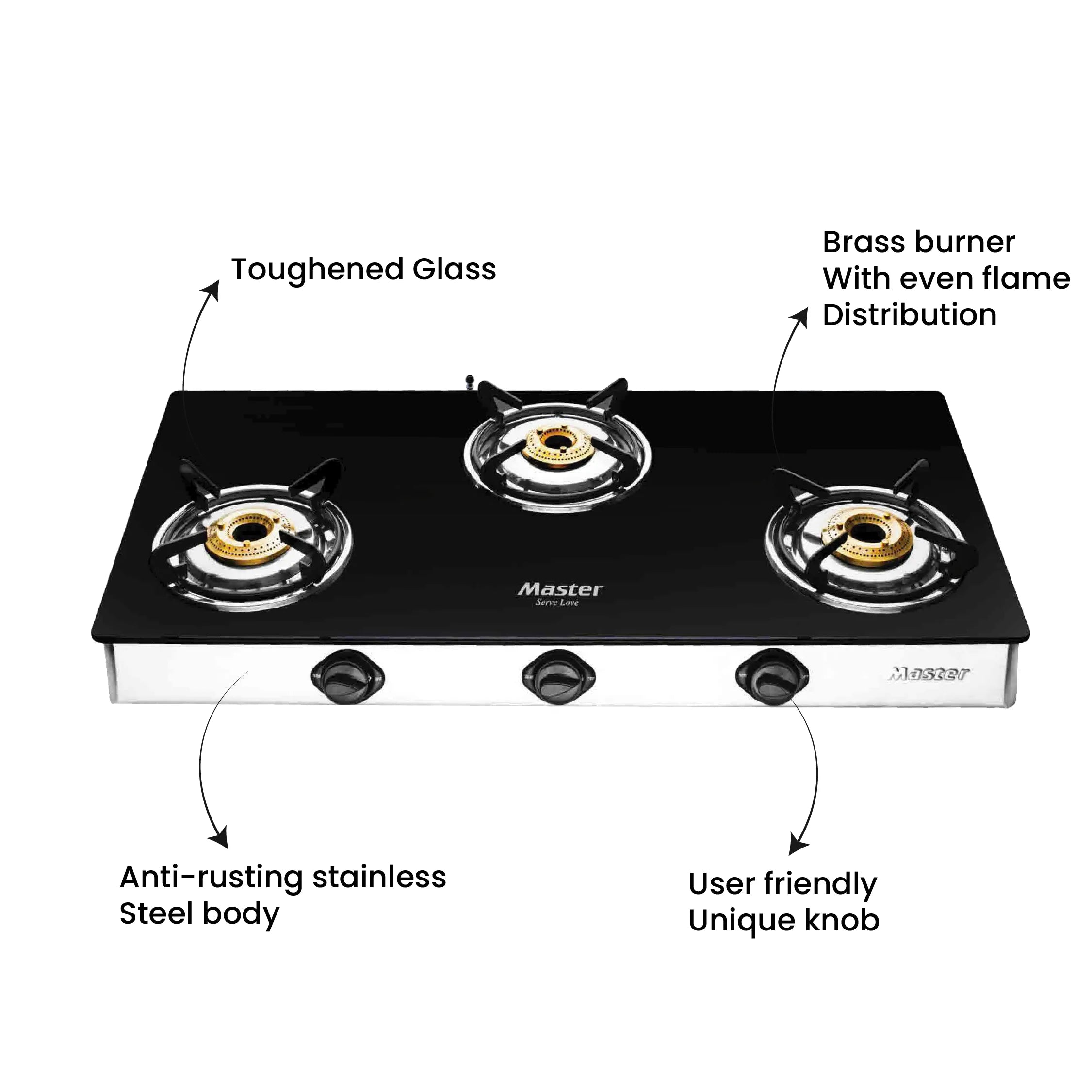 Cosmo 3 Burner Jumbo Glass Top Gas Stove - Master