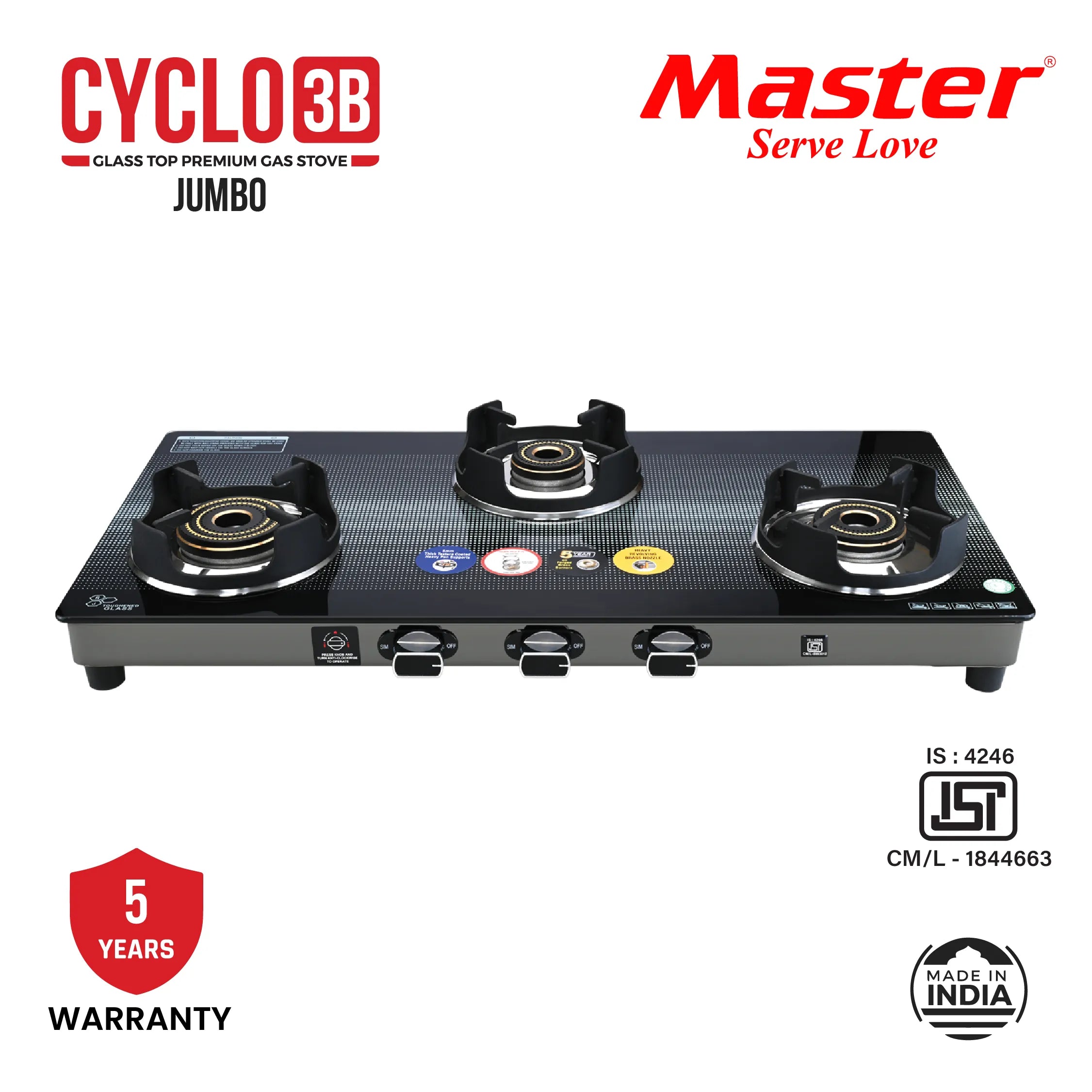 Cyclo 3 Burner Jumbo Glass Top Gas Stove - Master