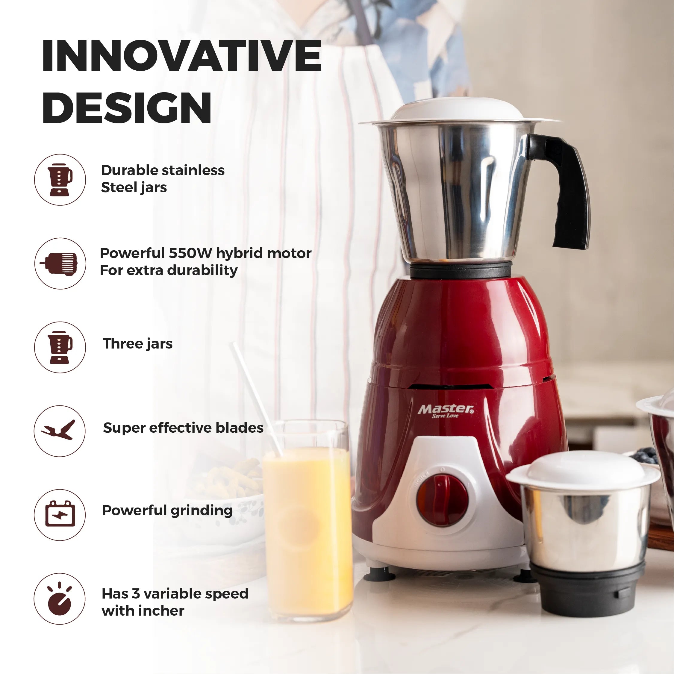 Charly 550W Mixer Grinder with 3 Jars & 3 Speed Modes - Master